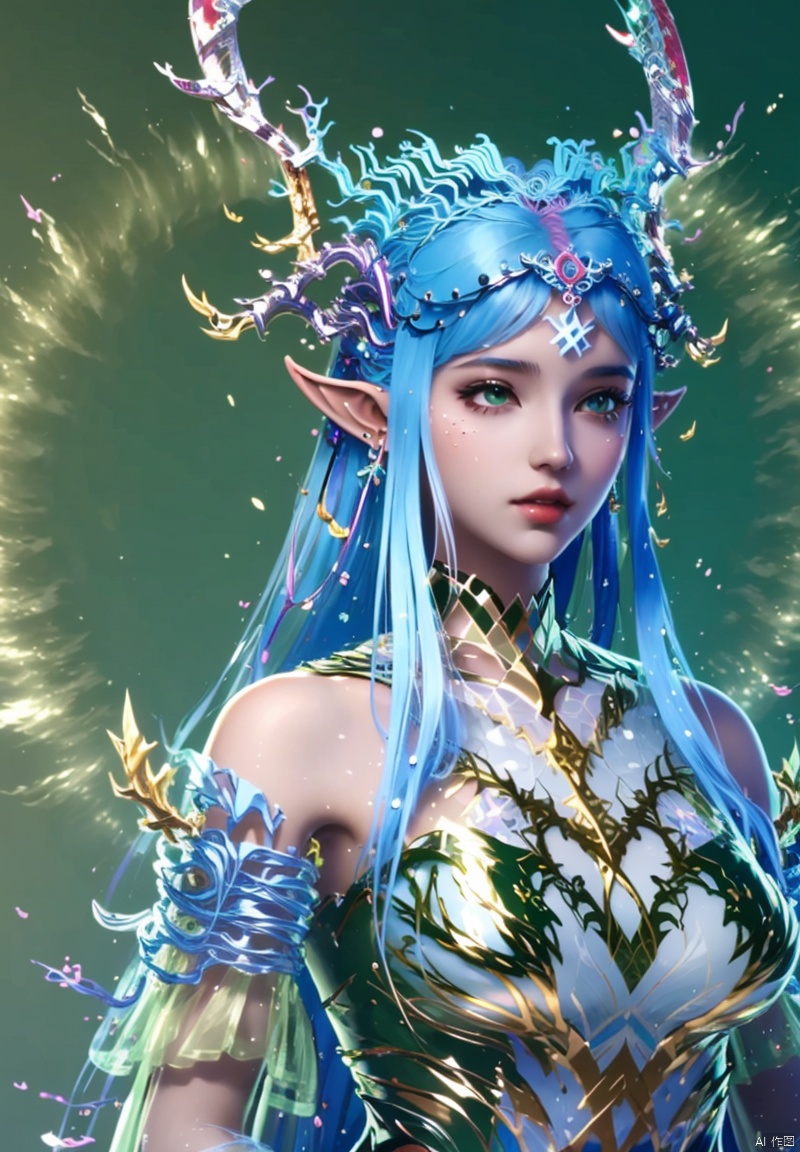 1girl, solo, long hair, hair ornament, dress, bare shoulders, green eyes, blue hair, upper body, horns, pointy ears, antlers