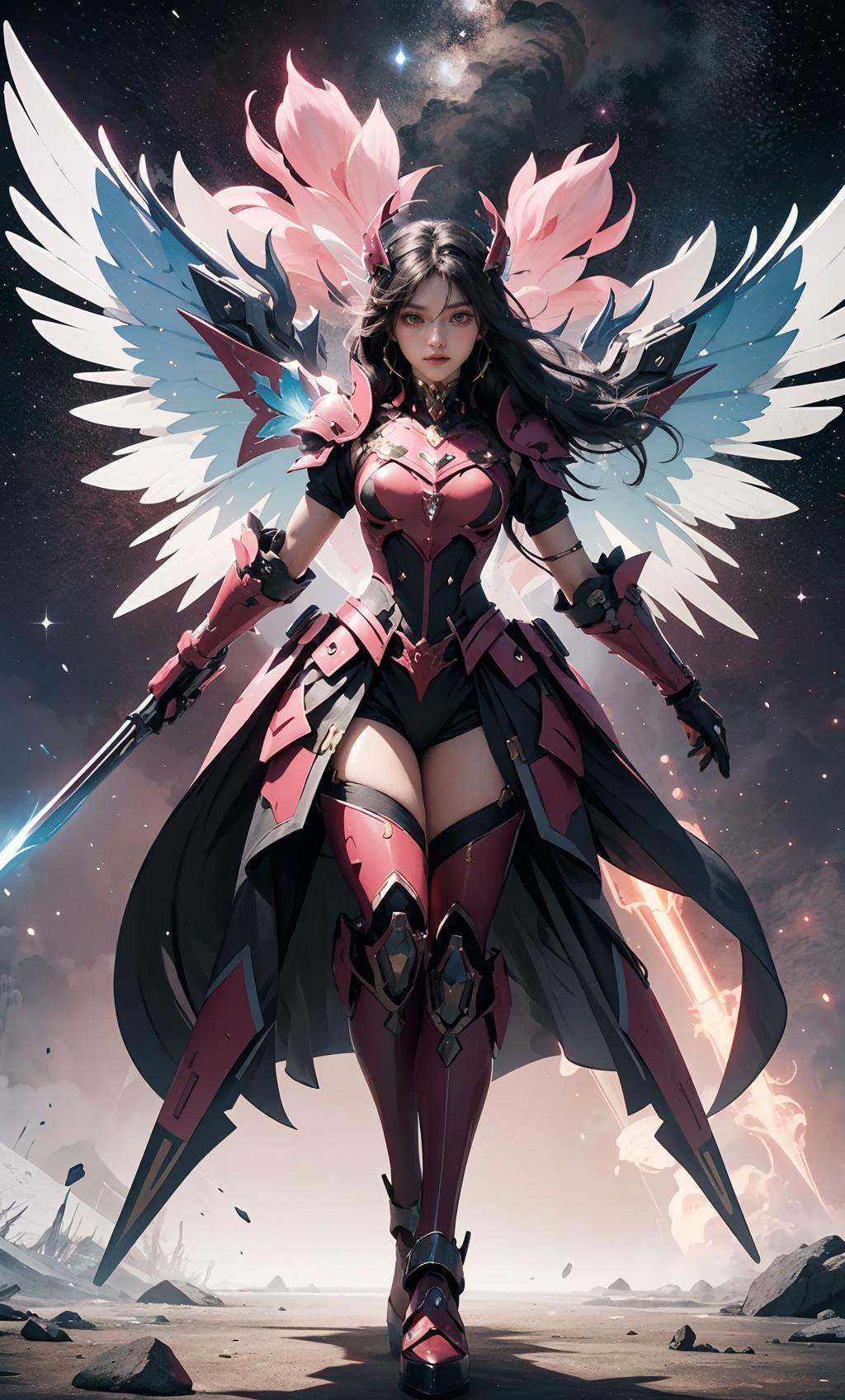 TR mecha style,  PinkArmor glows as CherryMech strides forward,  embodying the essence of StellarBeauty within the GalaxyL...