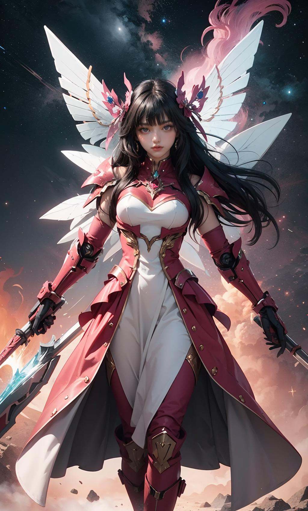 TR mecha style,  PinkArmor glows as CherryMech strides forward,  embodying the essence of StellarBeauty within the GalaxyL...