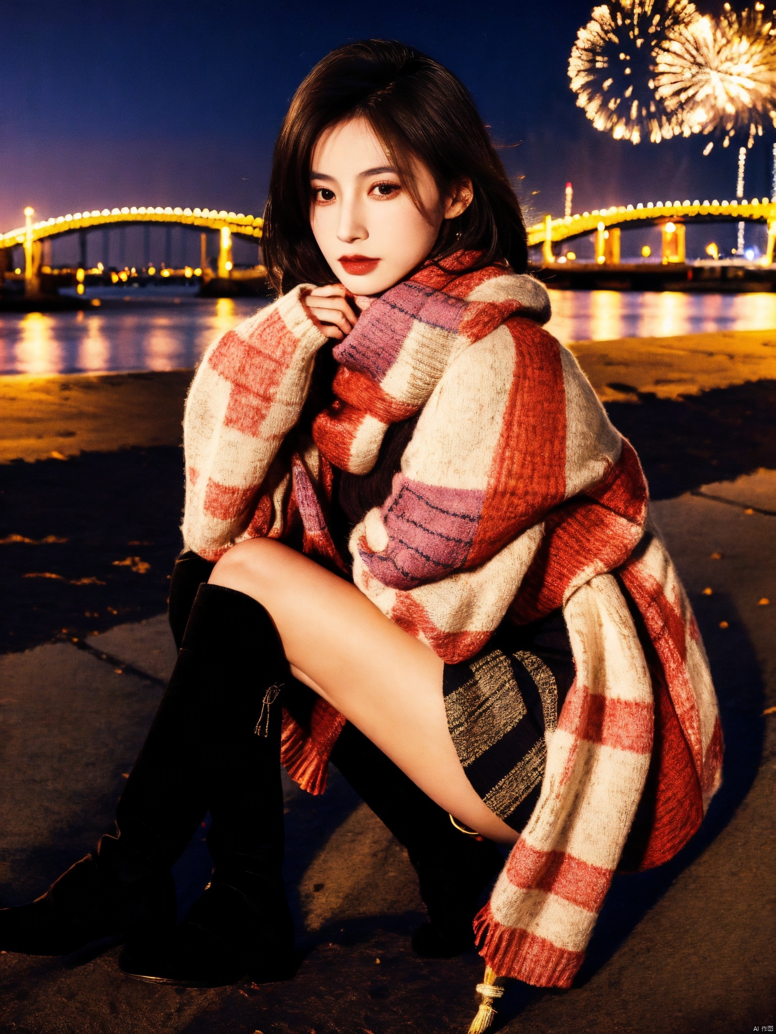  1girl,fashion model,female focus,(masterpiece, realistic, best quality, highly detailed, profession),asian,pretty,Charming eyes,exquisite facial features,bangle,sweater,scarf,skirt,black stockings,boots,sitting,night,neon,beach of city,new year,cinematic composition,,blurry,plns,sw, fireworks, hand101, ((poakl))