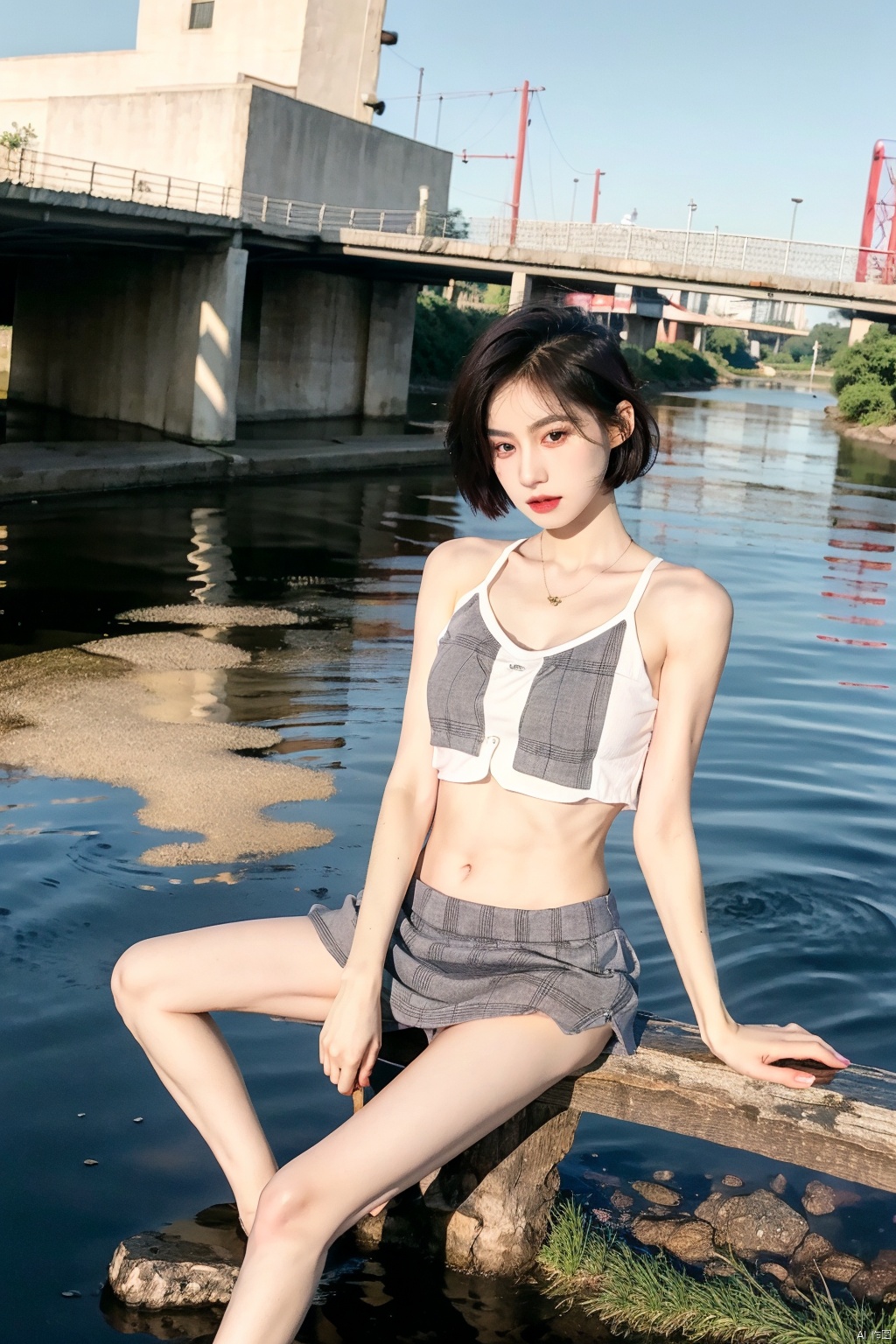  1girl, pale skin,black hair,short-hair,outdoors,sitting, bridge,river,full_body, miniJK,plaid,bare belly, ((poakl))