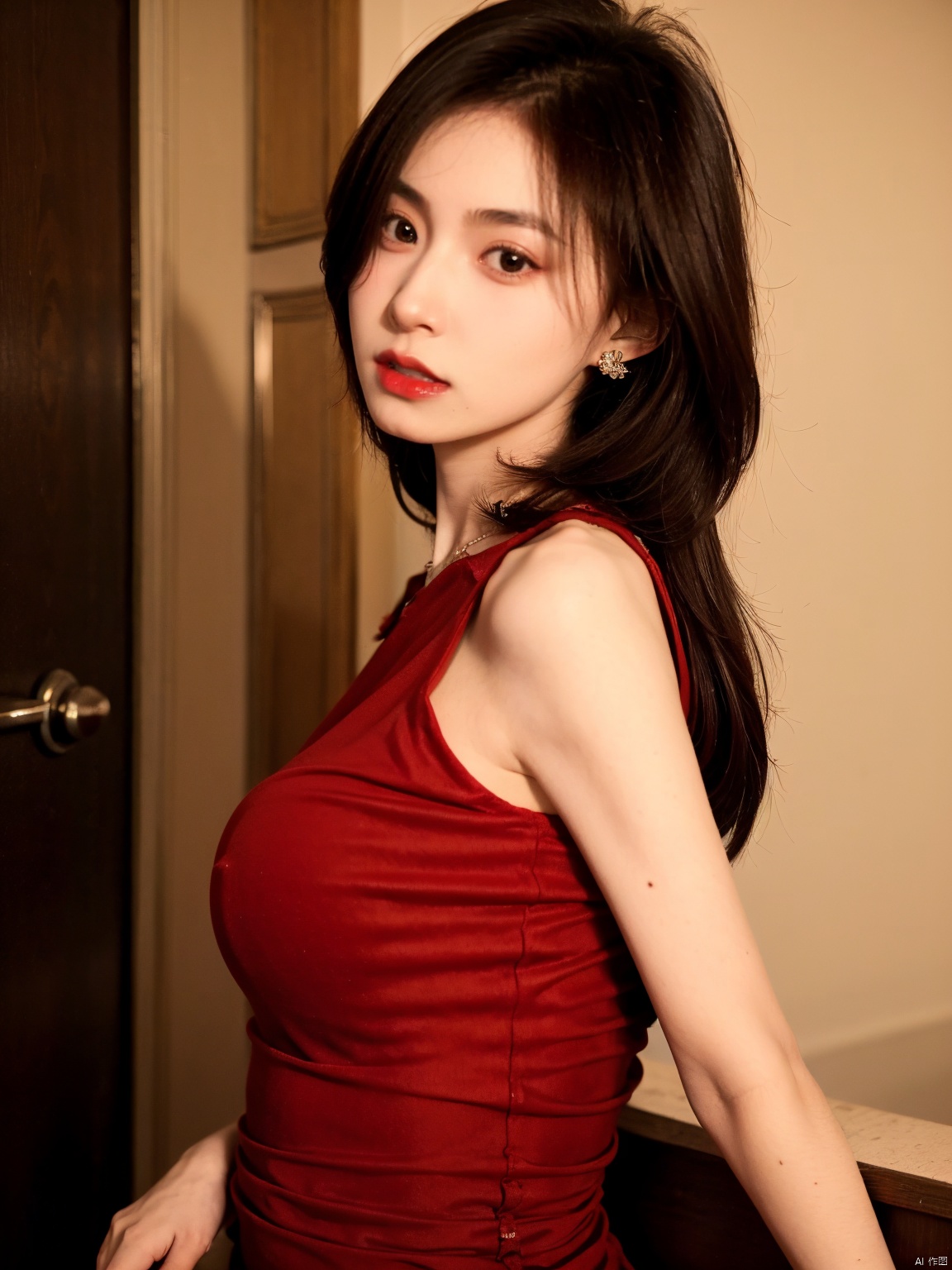  1, 1girl, long hair, brown hair, solo, dress, brown eyes, looking at viewer, holding, red dress, parted lips, bare shoulders, indoors, lips, upper body, sleeveless, ((poakl))