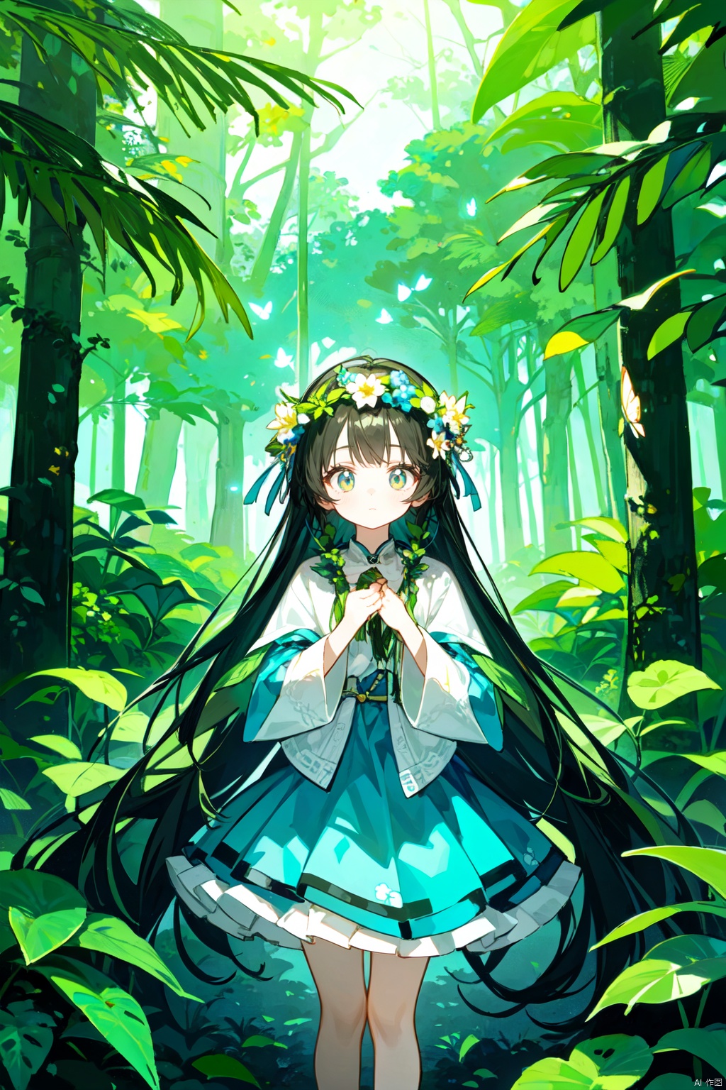 1 girl, surrounded by big leaf plants, wearing flower accessories, (Old-growth forest), (long hair) puberty, young girl, bright outline,Butterfly Dance, surrealistic,tuyawang, senlin