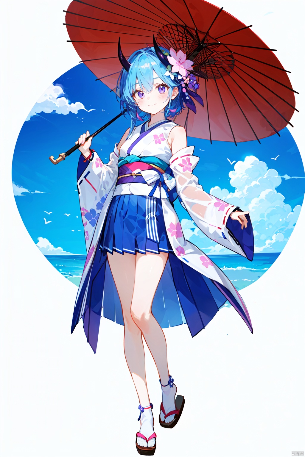  1girl, solo, looking_at_viewer, smile, skirt, long_sleeves, white_background, dress, holding, bare_shoulders, closed_mouth, blue_hair, standing, purple_eyes, full_body, pleated_skirt, detached_sleeves, japanese_clothes, horns, barefoot, sleeveless, wide_sleeves, kimono, arm_up, see-through, sash, umbrella, obi, pink_flower, blue_flower, purple_skirt, white_kimono, holding_umbrella, oil-paper_umbrella, see-through_sleeves, sleeveless_kimono, ankle_cuffs, ( figma:0.8)