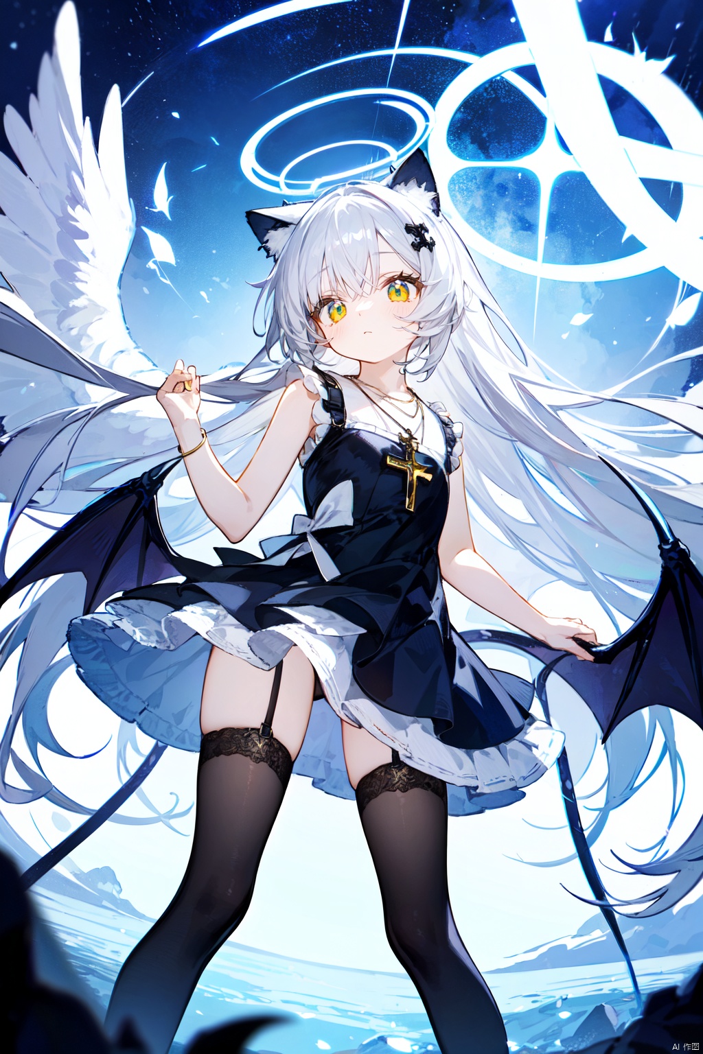 white hair,yellow eyes,looking up,stockings,long hair,hime cut,messy hair,floating hair,demon wings,halo,cross necklace,holy,divinity,shine,holy light,cat girl,(loli),(petite),solo,