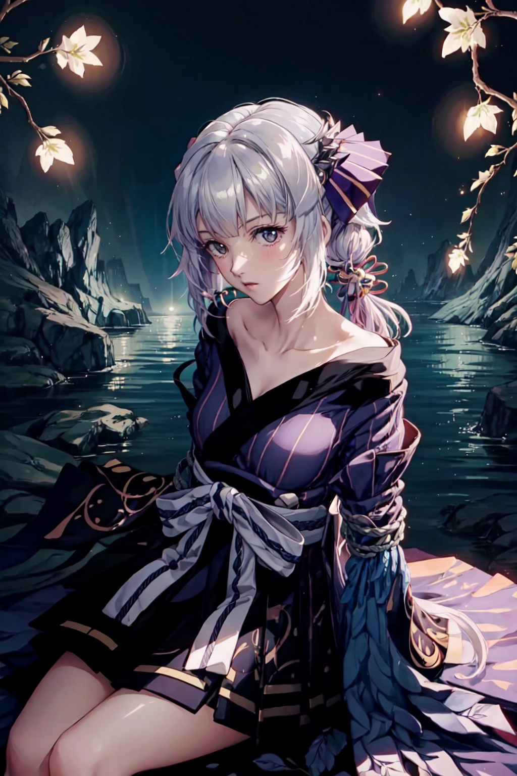 1girl,solo,Lavender hair, long hair, twintails, red eyes, perfect face, Japanese dress, purple kimono,((winged arms)),Purple Feather,White socks, bow, bell, hair accessories,off shoulder,Close-up photo,,Outside,mountains in the distance, starry sky, stars, beside a lake, stone,,, sitting on a stone,Raise one's head,Look up at the top.,,,(Close up photo),firefliesfireflies,pastelbg,ninjascroll<lora:EMS-314005-EMS:0.800000>, <lora:EMS-93-EMS:0.500000>, <lora:EMS-19858-EMS:0.500000>