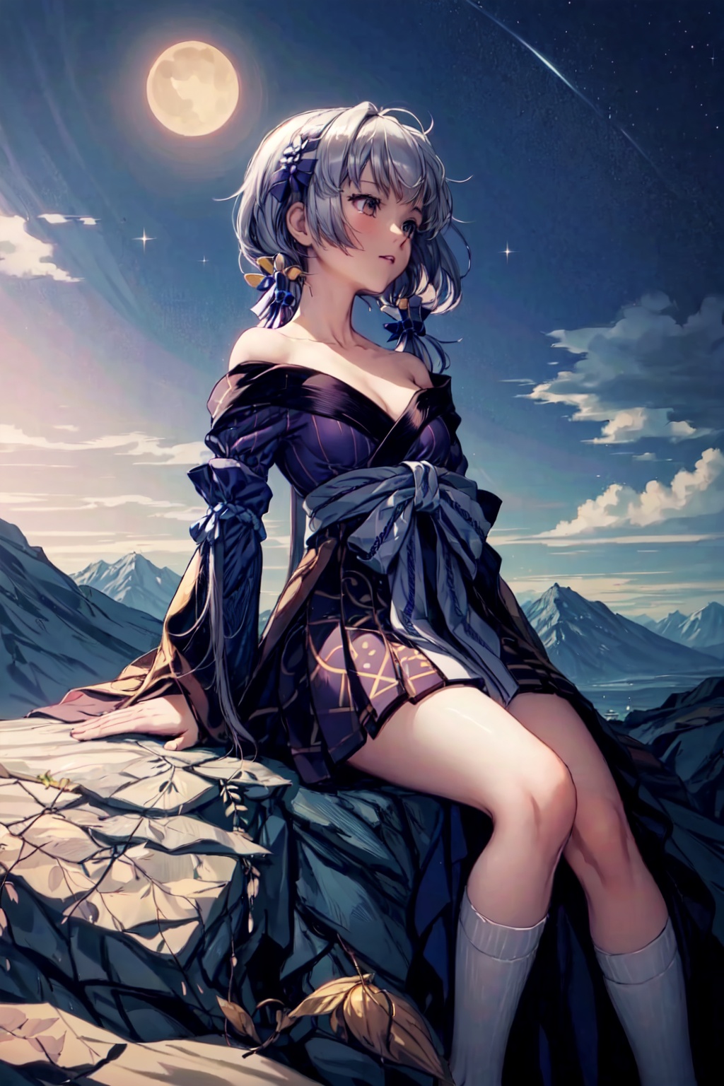 1girl,solo,Lavender hair, long hair, twintails, red eyes, perfect face, Japanese dress, purple kimono,((winged arms)),Purple Feather,White socks, bow, bell, hair accessories,off shoulder,Close-up photo,,Outside,mountains in the distance, starry sky, stars, beside a lake, stone,,, sitting on a stone,Look up there,,,(View from the side and rear)<lora:EMS-314005-EMS:0.800000>, <lora:EMS-93-EMS:0.500000>, <lora:EMS-4468-EMS:0.500000>