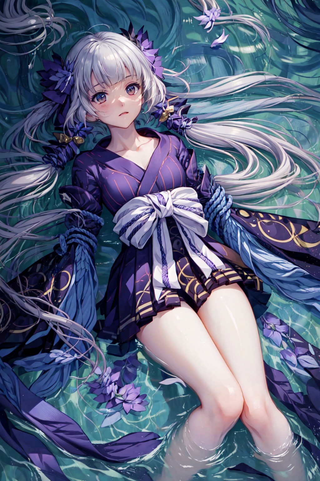 1girl,solo,Lavender hair, long hair, twintails, red eyes, perfect face, Japanese dress, purple kimono,(winged arms),Purple Feather,White socks, bow, bell, hair accessories,,Outside, in a lake, lying in the water<lora:EMS-93-EMS:0.500000>, <lora:EMS-4468-EMS:0.500000>, <lora:EMS-314005-EMS:0.800000>