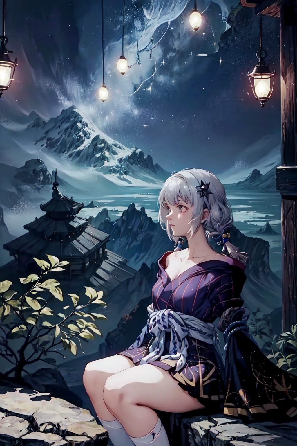 1girl,solo,Lavender hair, long hair, twintails, red eyes, perfect face, Japanese dress, purple kimono,((winged arms)),Purple Feather,White socks, bow, bell, hair accessories,off shoulder,Close-up photo,,Outside,mountains in the distance, starry sky, stars, beside a lake, stone,,, sitting on a stone,Look up there,,,(View from the side and rear),firefliesfireflies,pastelbg,ninjascroll<lora:EMS-314005-EMS:0.800000>, <lora:EMS-93-EMS:0.300000>, <lora:EMS-19858-EMS:0.700000>