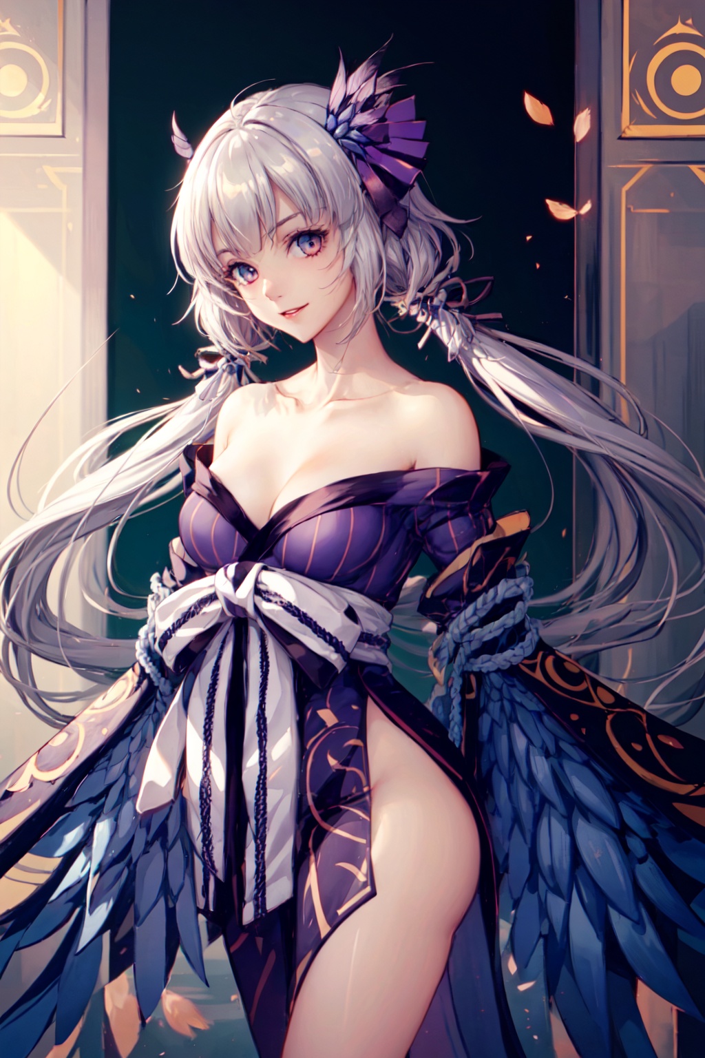 1girl, solo, looking at viewer, twintails,,smile, seductive smile, grey hair, hair ornament, long hair, light purple hair, bell, bangs, red eyes, beautiful detailed eyes, light red eyes, bare shoulders, collarbone, breasts, cleavage, japanese clothes, kimono, (winged arms), feathers, perfect female body, neat figure, slender waist, wide hips, slim legs<lora:EMS-314005-EMS:0.800000>, <lora:EMS-93-EMS:0.500000>