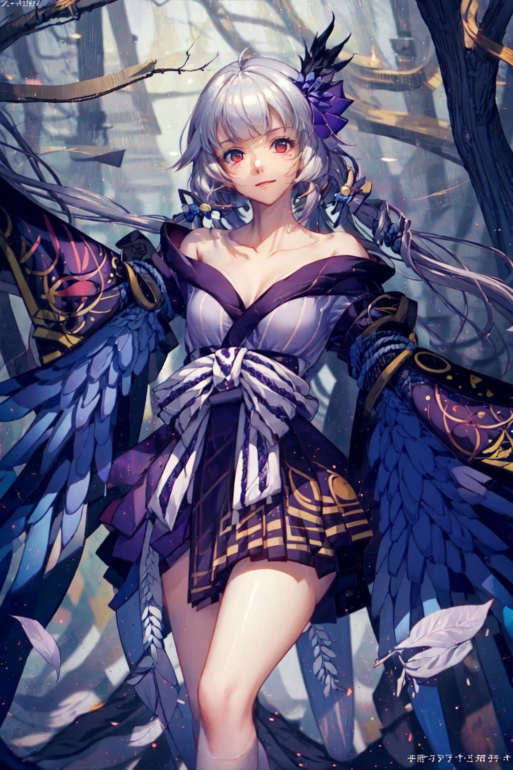 Simple background,,Outside, in the forest, by a lake,((lying)),lying in the water,,1girl, solo, looking at viewer, twintails,,smile, seductive smile, grey hair, hair ornament, long hair, light purple hair, bell, bangs, red eyes, beautiful detailed eyes, light red eyes, bare shoulders, collarbone, breasts, cleavage, japanese clothes, kimono, (winged arms), feathers, perfect female body, neat figure, slender waist, wide hips, slim legs<lora:EMS-314005-EMS:1.000000>, <lora:EMS-93-EMS:0.500000>, <lora:EMS-4468-EMS:0.500000>