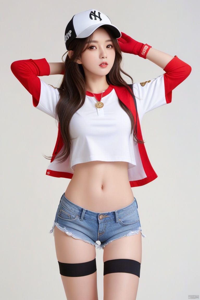 风格;masterpiece,bestquality,8k,4k,
人物;1girl,solo,blackhair,longhair,blush,
视角;full_body,
动作;standing,armup,
服饰;hat, shorts, brown eyes, brown hair, whistle, thighhighs, wristband, baseball cap, navel, long hair, midriff, short shorts, belt, shirt, hand on hip, lips, whiteshorts,tiedshirt,shoes.
场景;simple background, white background, , g002, g020