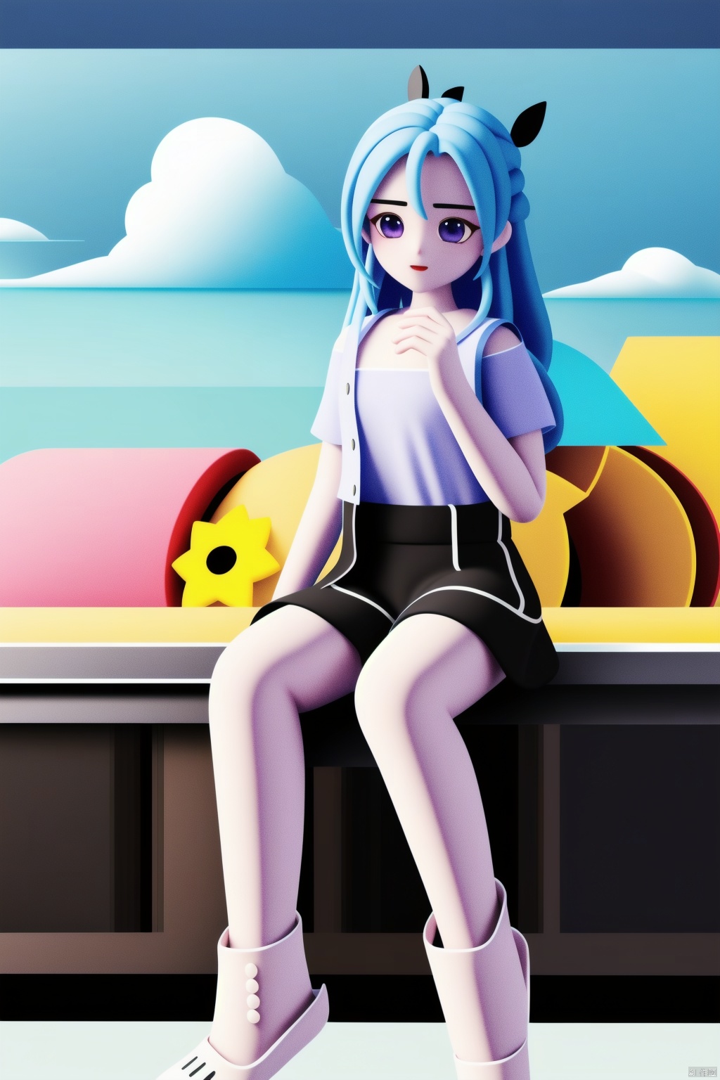1girl, long hair, White hair, red eyes, jitome, flat chest, sitting, on park, day, blue Sky, clouds, black shorts, White shirt, long legwears, camera, shuixia, 3D,<lora:660447313082219790:1.0>