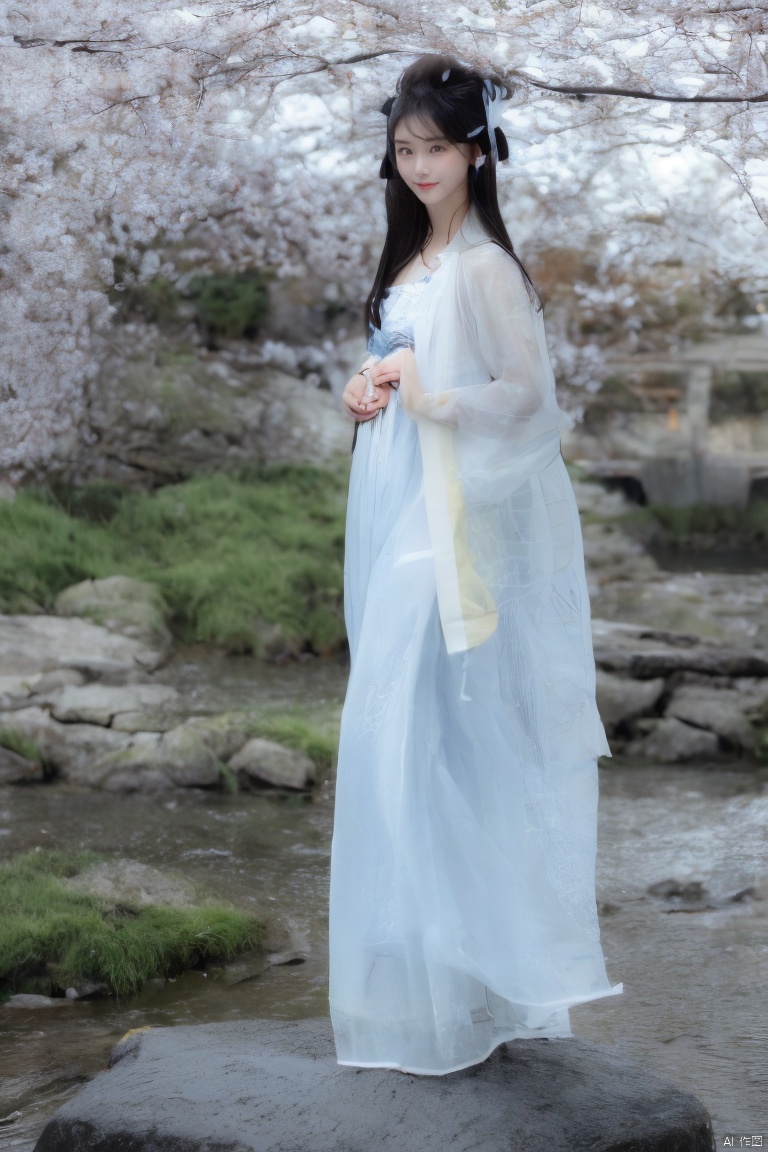 realistic, photorealistic, (best quality, masterpiece, ultra high resolution, 4K, HDR, photo), dark shot, (photo of portrait:1.2), 1girl, solo, smile, looking at viewer, long black hair, Full-body photos,（wearing a red Chinese wedding dress：1.4）, （an ancient bride adorned with gold hairpins and silver jewelry）, an extremely delicate and beautiful,real person, fair skin,((long legs)), plentiful,breasts,(see-through:1.2) (colorful:1.2), (floral print:1.2), (Standing on a stone bridge:1.4), （Cherry blossoms fluttering in the wind：1.3）,dynamic pose,  colorful cloud, incredible beautiful sky, dynamic Angle,  bokeh, Under the sunlight during the day,（Black suspender stockings：1.2） (( perfect long legs)), （Perfect hands：1.4）,(blackpantyhose：1.2）
