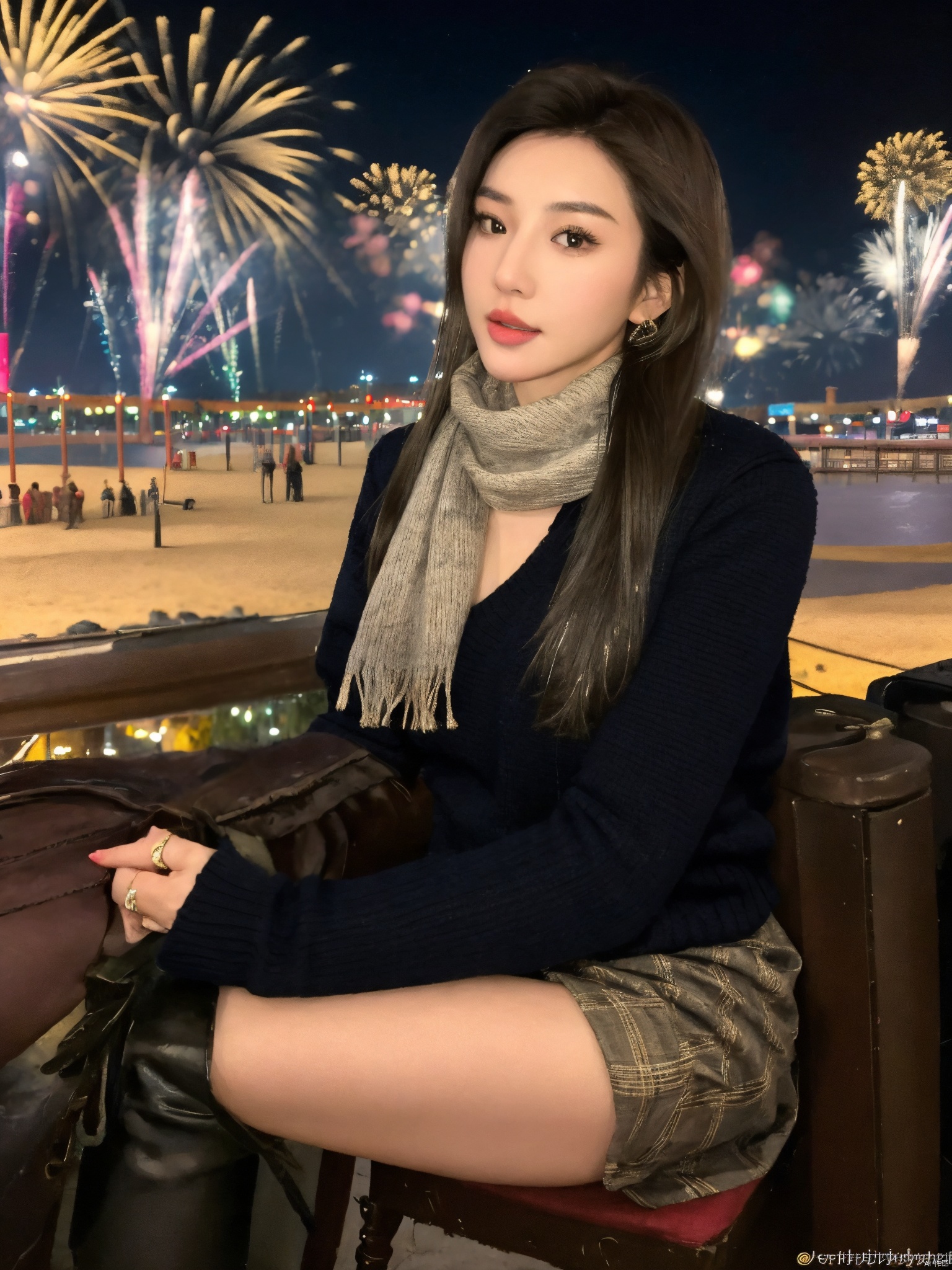  1girl,fashion model,female focus,(masterpiece, realistic, best quality, highly detailed, profession),asian,pretty,Charming eyes,exquisite facial features,bangle,sweater,scarf,skirt,black stockings,boots,sitting,night,neon,beach of city,new year,cinematic composition,,blurry,plns,sw, fireworks, hand101