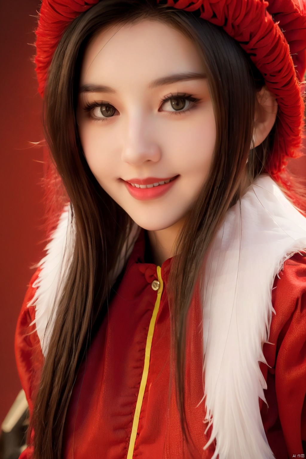  masterpiece, best quality, 1girl, red background, black hair, Long curly hair, face front, ((red fashion silk lone costume with red swirling vortexes pattern)), ((Red Plush Fur Hat)), emotional face, (close up portrait), make up, studio light, studio, ((poakl)), poakl ggll girl,laughing