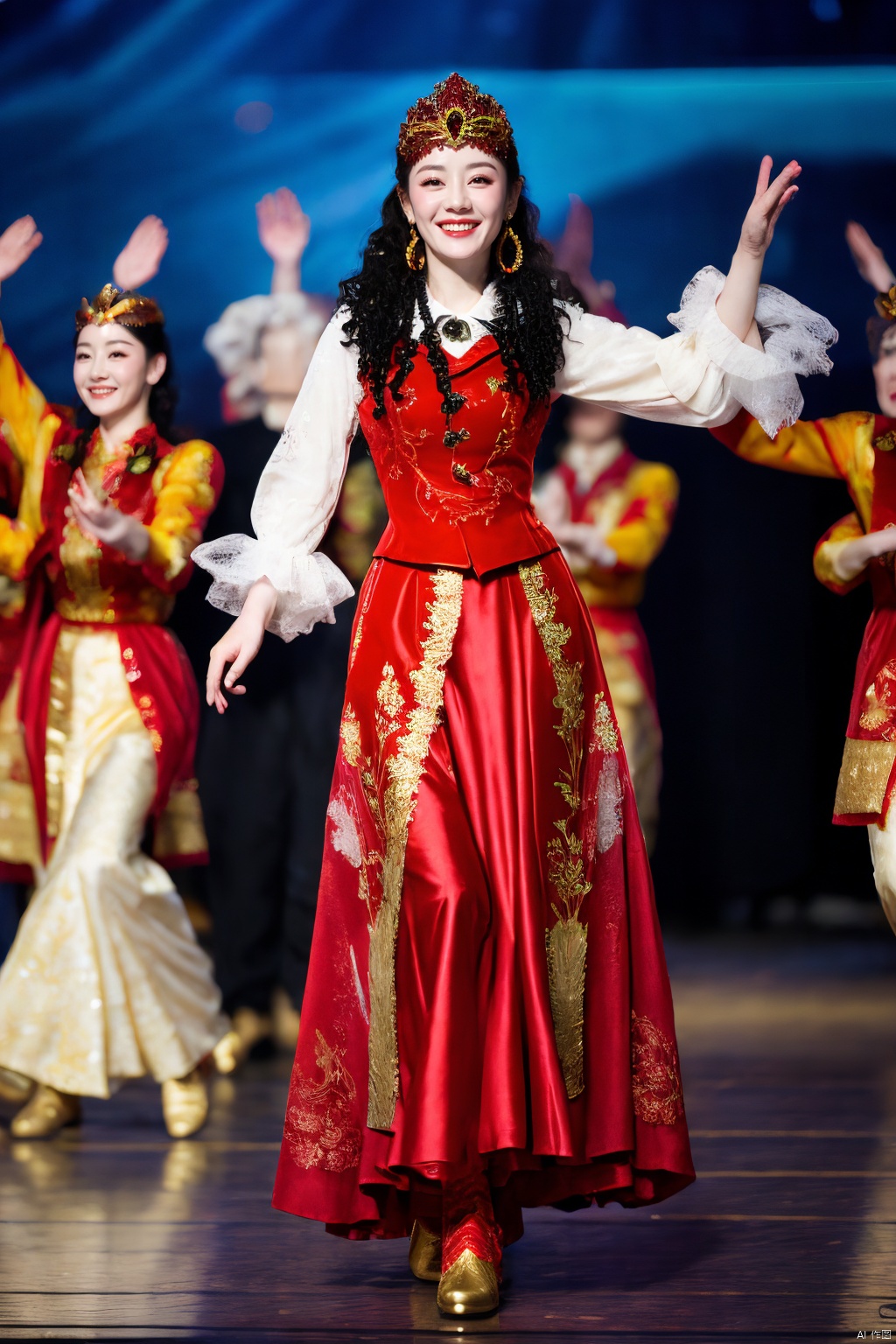 PHOTOREALISTIC REALISTIC,masterpiece,best quality,highres,ultra detailed,8k,dilireba, 1woman, xinjiang red costume suit look, xinjiang red veil tiara, xinjiang white long frilled sleeves shirt, xinjiang red vest, xinjiang curly hair, xinjiang red long skirt, xinjiang earrings, xinjiang costume makeup, xinjiang golden high heel boots, stage, dance perform, xinjiang traditional, dance pose, surround by actor group, dancer group, show, crowd, looking at viewer, solo focus, standing, full body, smile, white skin, depth of field, realistic, blurry background,