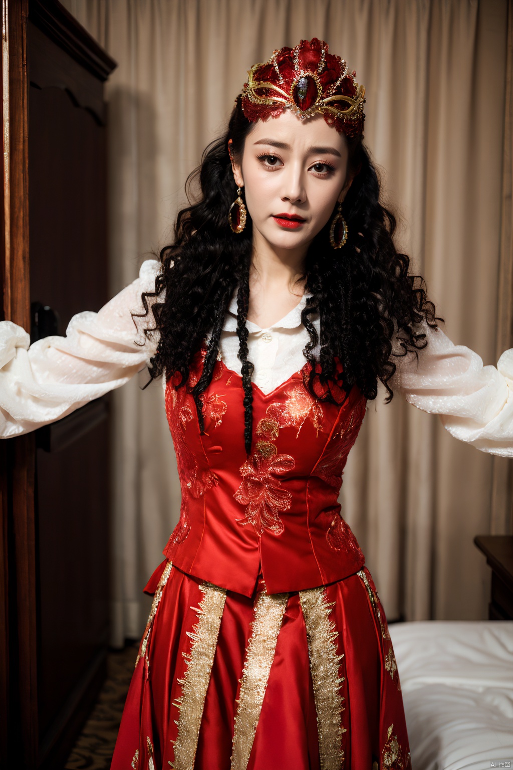  PHOTOREALISTIC REALISTIC,masterpiece,best quality,highres,ultra detailed,8k,dilireba, 1woman, xinjiang red costume suit look, xinjiang red veil tiara, xinjiang white long frilled sleeves shirt, xinjiang red vest, xinjiang curly hair, xinjiang red long skirt, xinjiang earrings, xinjiang costume makeup,looking at viewer, dancing,open arms,cowboy shot, crying, white skin, hotel room,bed,strobe lighting,