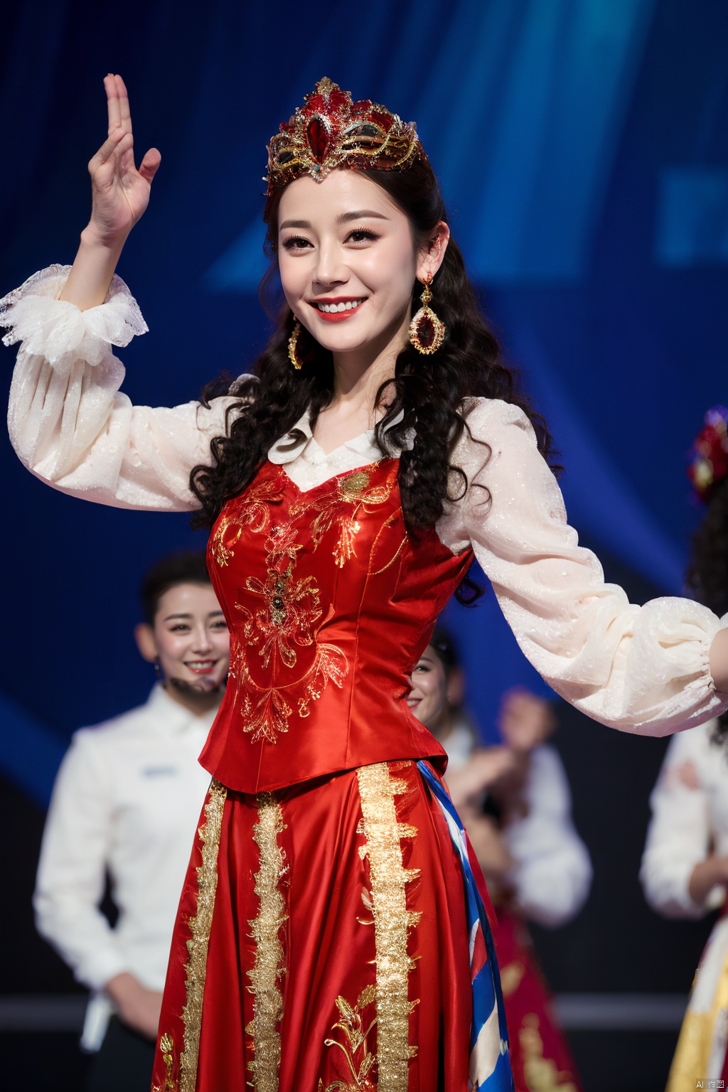 PHOTOREALISTIC REALISTIC,masterpiece,best quality,highres,ultra detailed,8k,dilireba, 1woman, xinjiang red costume suit look, xinjiang red veil tiara, xinjiang white long frilled sleeves shirt, xinjiang red vest, xinjiang curly hair, xinjiang red long skirt, xinjiang earrings, xinjiang costume makeup, stage, dance perform, looking at viewer, dancing,open arms,cowboy shot, smile, white skin, depth of field, blurry background,