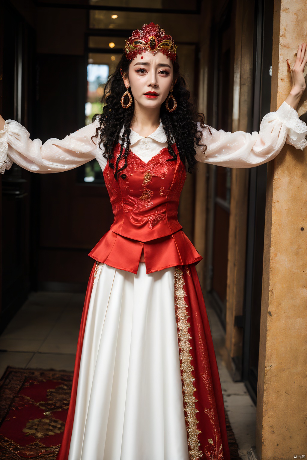  PHOTOREALISTIC REALISTIC,masterpiece,best quality,highres,ultra detailed,8k,dilireba, strobe lighting,1woman,crying,tears, xinjiang red costume suit look, xinjiang red veil tiara, xinjiang white long frilled sleeves shirt, xinjiang red vest, xinjiang curly hair, xinjiang red long skirt, xinjiang earrings, xinjiang costume makeup,looking at viewer, dancing,open arms,cowboy shot,white skin, hotel room,bed,