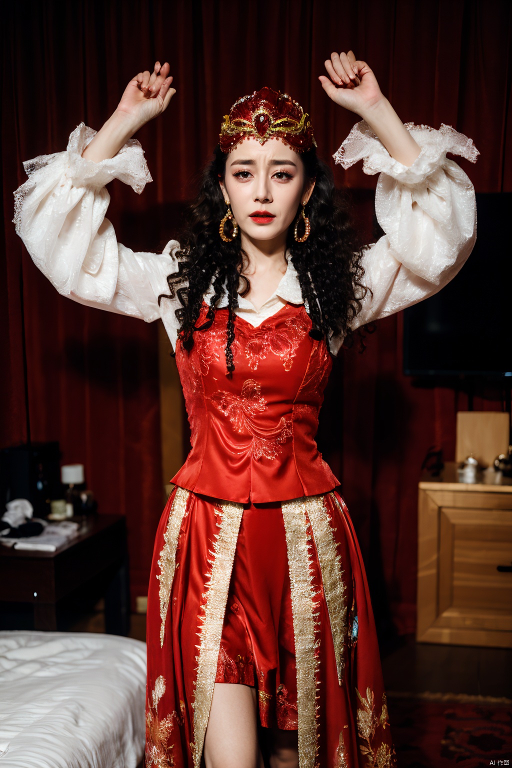  PHOTOREALISTIC REALISTIC,masterpiece,best quality,highres,ultra detailed,8k,dilireba, strobe lighting,1woman,crying,tears, xinjiang red costume suit look, xinjiang red veil tiara, xinjiang white long frilled sleeves shirt, xinjiang red vest, xinjiang curly hair, xinjiang red long skirt, xinjiang earrings, xinjiang costume makeup,looking at viewer, dancing,open arms,cowboy shot,white skin, hotel room,bed,