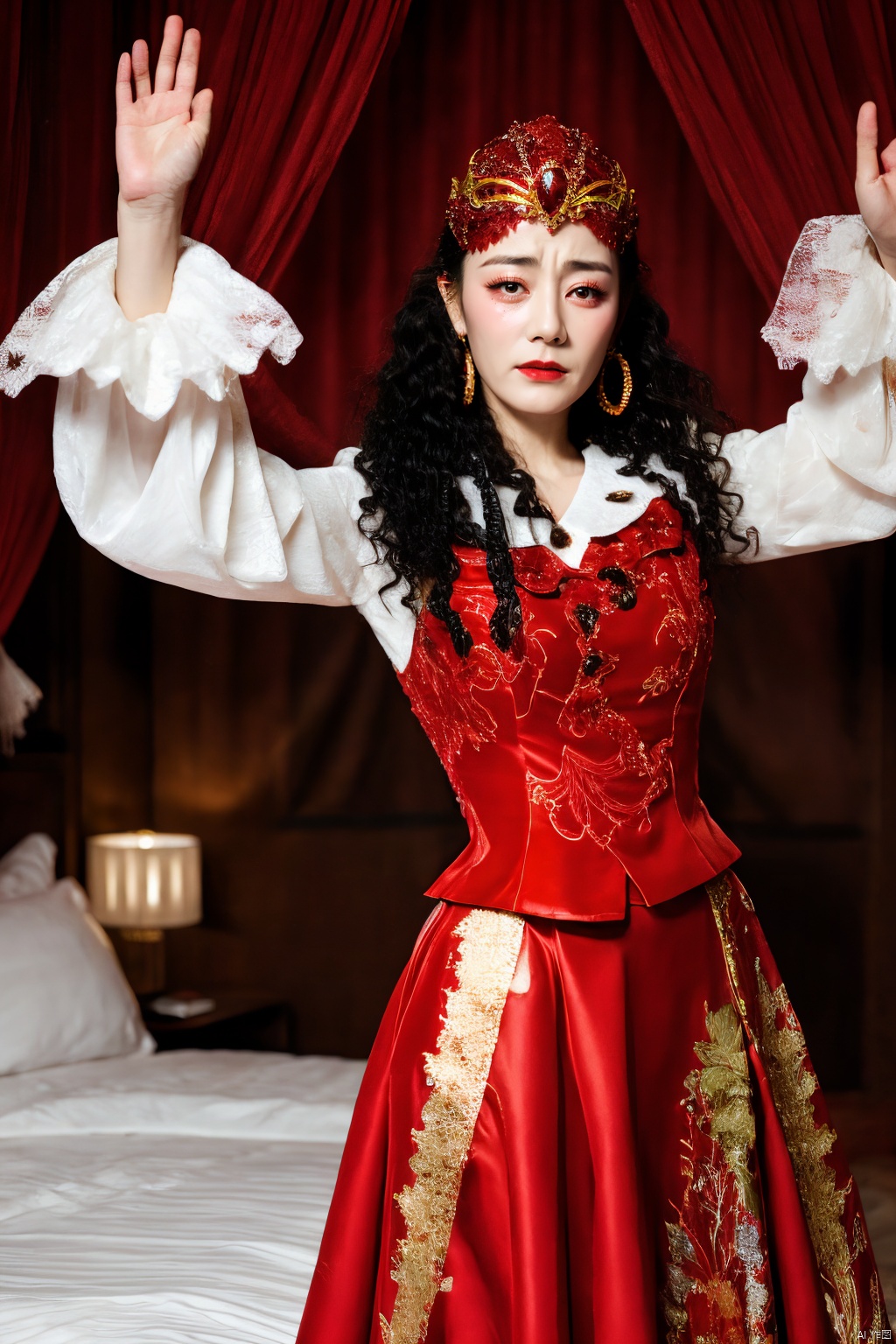  PHOTOREALISTIC REALISTIC,masterpiece,best quality,highres,ultra detailed,8k,dilireba, strobe lighting,1woman,crying,tears, xinjiang red costume suit look, xinjiang red veil tiara, xinjiang white long frilled sleeves shirt, xinjiang red vest, xinjiang curly hair, xinjiang red long skirt, xinjiang earrings, xinjiang costume makeup,looking at viewer, dancing,open arms,cowboy shot,white skin, hotel room,bed,