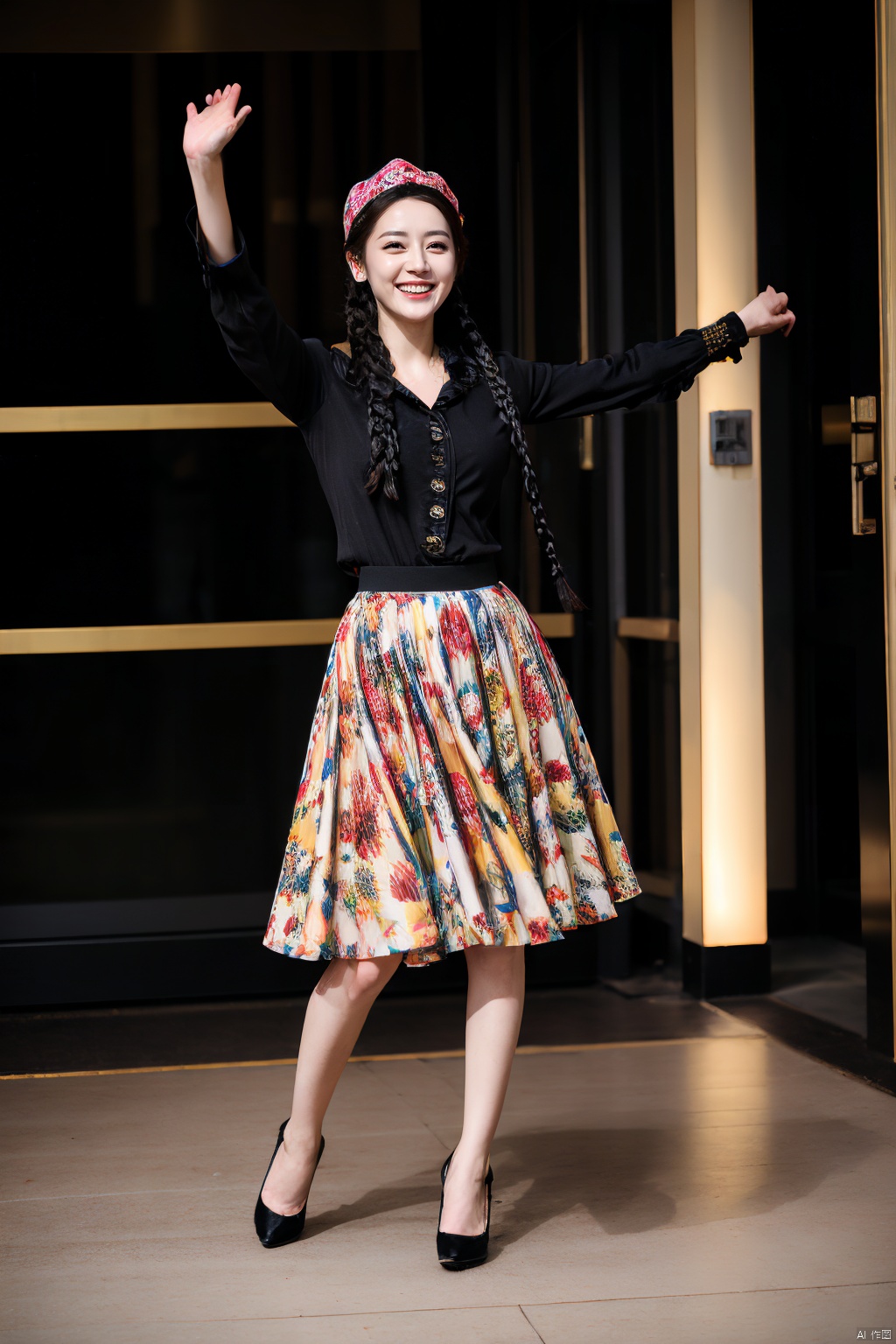 PHOTOREALISTIC REALISTIC,masterpiece,best quality,highres,ultra detailed,8k,dilireba,strobe lighting,dilireba, 1woman, weiwuer black costume suit look, weiwuer purple wig braids hat, weiwuer black long sleeves shirt, weiwuer colorful skirt, weiwuer black high heels, weiwuer red hand-flower, weiwuer twin braids hairstyle, dancing, twirling skirt, twirling braids, open arms, blurry background, full body, standing, smile,,teeth, white skin, hotel room,bed,