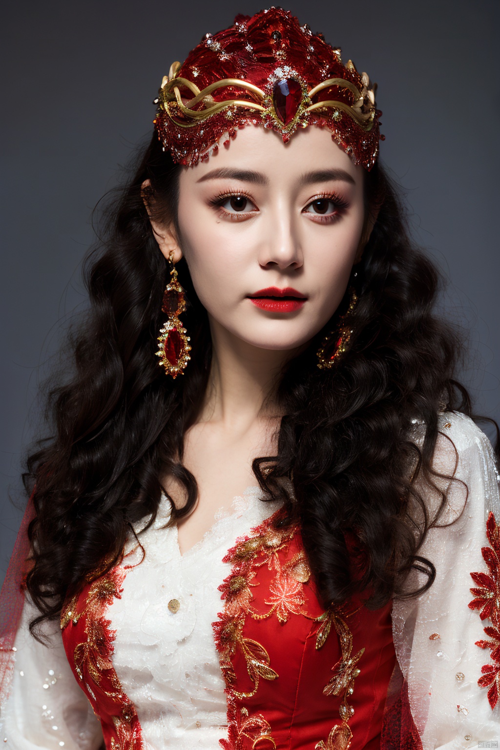 PHOTOREALISTIC REALISTIC,masterpiece,best quality,highres,ultra detailed,8k,1woman,strobe lighting,portrait,white skin, xinjiang red costume suit look,xinjiang red veil tiara,xinjiang white long frilled sleeves shirt,xinjiang red vest,xinjiang curly hair,xinjiang earrings,xinjiang costume makeup,