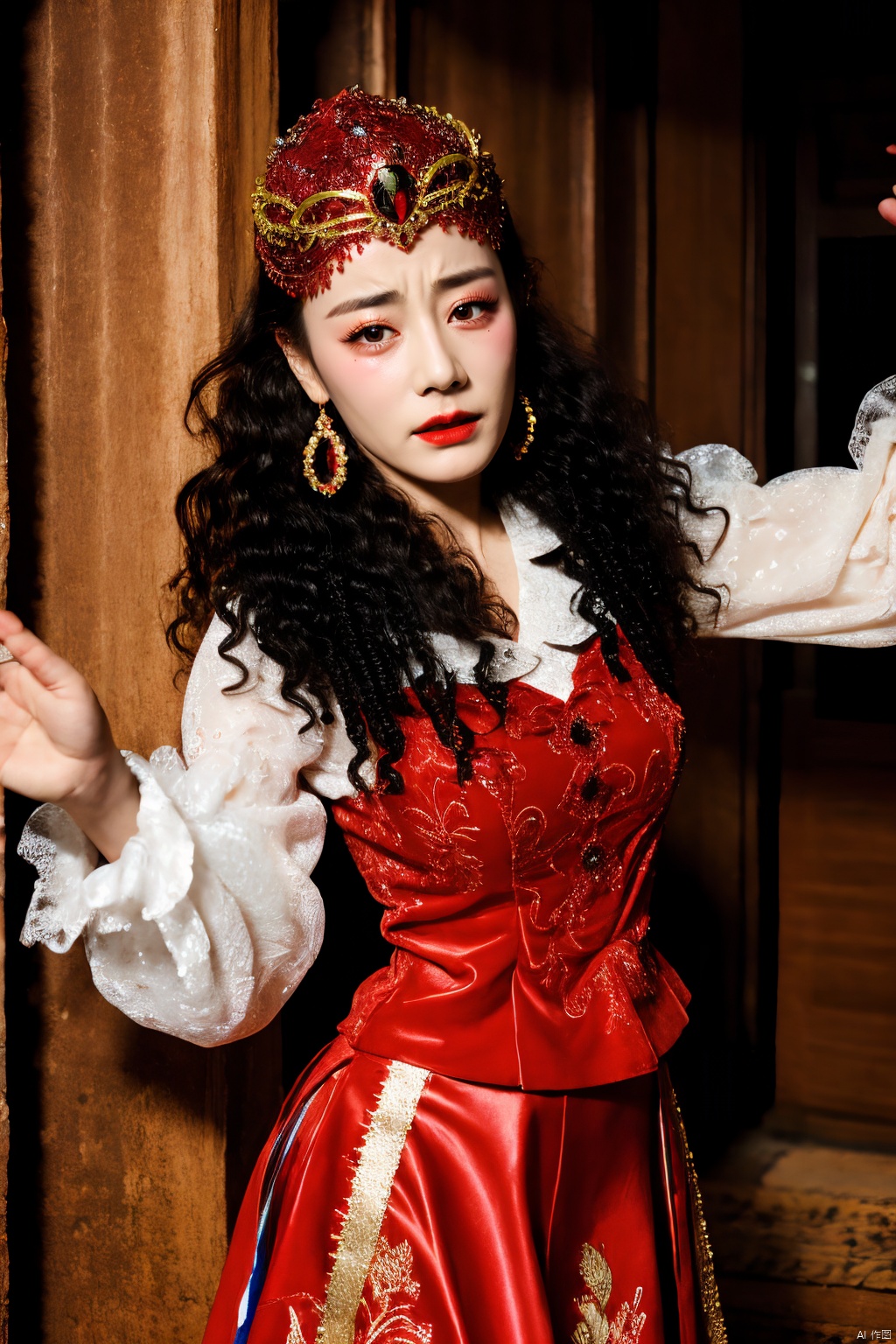  PHOTOREALISTIC REALISTIC,masterpiece,best quality,highres,ultra detailed,8k,dilireba, strobe lighting,1woman,crying,tears, xinjiang red costume suit look, xinjiang red veil tiara, xinjiang white long frilled sleeves shirt, xinjiang red vest, xinjiang curly hair, xinjiang red long skirt, xinjiang earrings, xinjiang costume makeup,looking at viewer, dancing,open arms,cowboy shot,white skin, hotel room,bed,