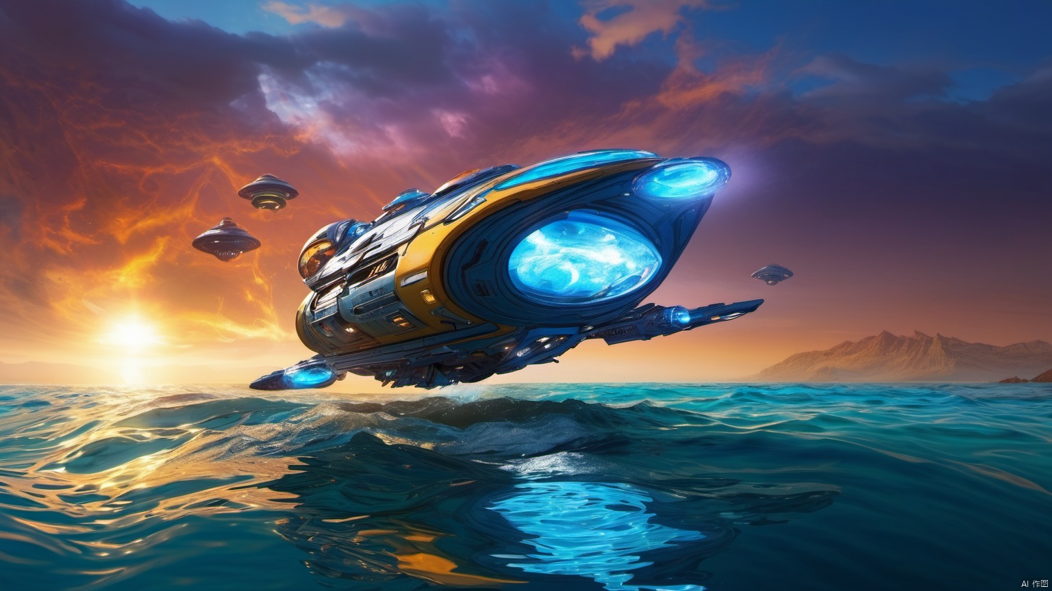 (Speedboat spacecraft  1.5),
(Jet hole blue flame and lightning 1.0),
(Spacecraft in the shape of flying water droplets 1.9),
(Adequate sunlight 1.5),
(Lightning materials 1.0),
(Optical materials 1.0),
(Alien spacecraft 1.0),
(Glass material 1.0),
(Water material 1.5),
Overlooking,,sea,Representative,boutique, Ultra HD, 
, reflection, masterpiece, true light and shadow, wide Angle, outdoors, sky, day, cloud, 
, blue sky, no humans, nature, scenery, Water, beach, ufo, ufo,, A perfectly curved building, (Alien spacecraft 1.9)