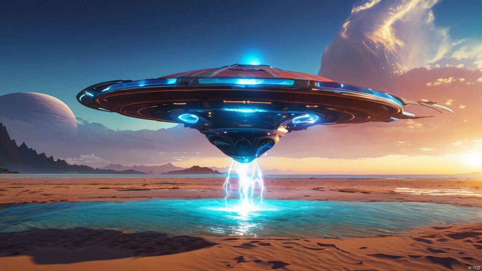  (Triangle spacecraft  1.0),
(Jet hole blue flame and lightning 1.0),
(Spacecraft in the shape of flying water droplets 1.9),
(Adequate sunlight 1.5),
(Lightning materials 1.0),
(Optical materials 1.0),
(Alien spacecraft 1.0),
(Glass material 1.0),
(Water material 1.5),
Overlooking,,sea,Representative,boutique, Ultra HD, 
, reflection, masterpiece, true light and shadow, wide Angle, outdoors, sky, day, cloud, 
, blue sky, no humans, nature, scenery, Water, beach, ufo, ufo,, A perfectly curved building, (Alien spacecraft 1.9)