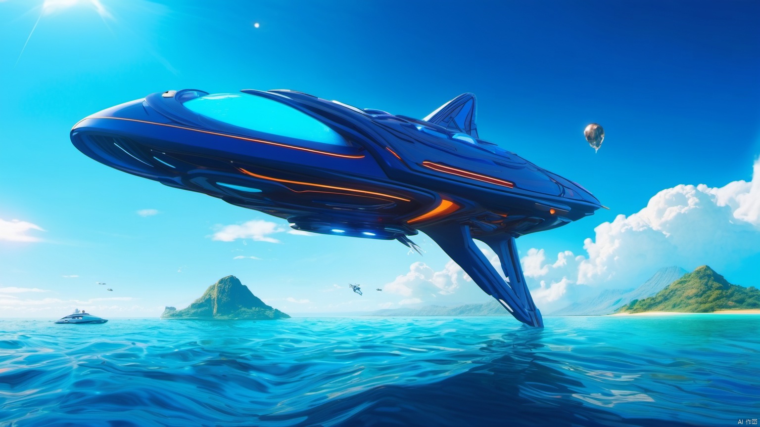  (Speedboat spacecraft  1.5),
(Jet hole blue flame and lightning 1.0),
(Spacecraft in the shape of flying water droplets 1.9),
(Adequate sunlight 1.5),
(Lightning materials 1.0),
(Optical materials 1.0),
(Alien spacecraft 1.0),
(Glass material 1.0),
(Water material 1.5),
Overlooking,,sea,Representative,boutique, Ultra HD, 
, reflection, masterpiece, true light and shadow, wide Angle, outdoors, sky, day, cloud, 
, blue sky, no humans, nature, scenery, Water, beach, ufo, ufo,, A perfectly curved building, (Alien spacecraft 1.9)
