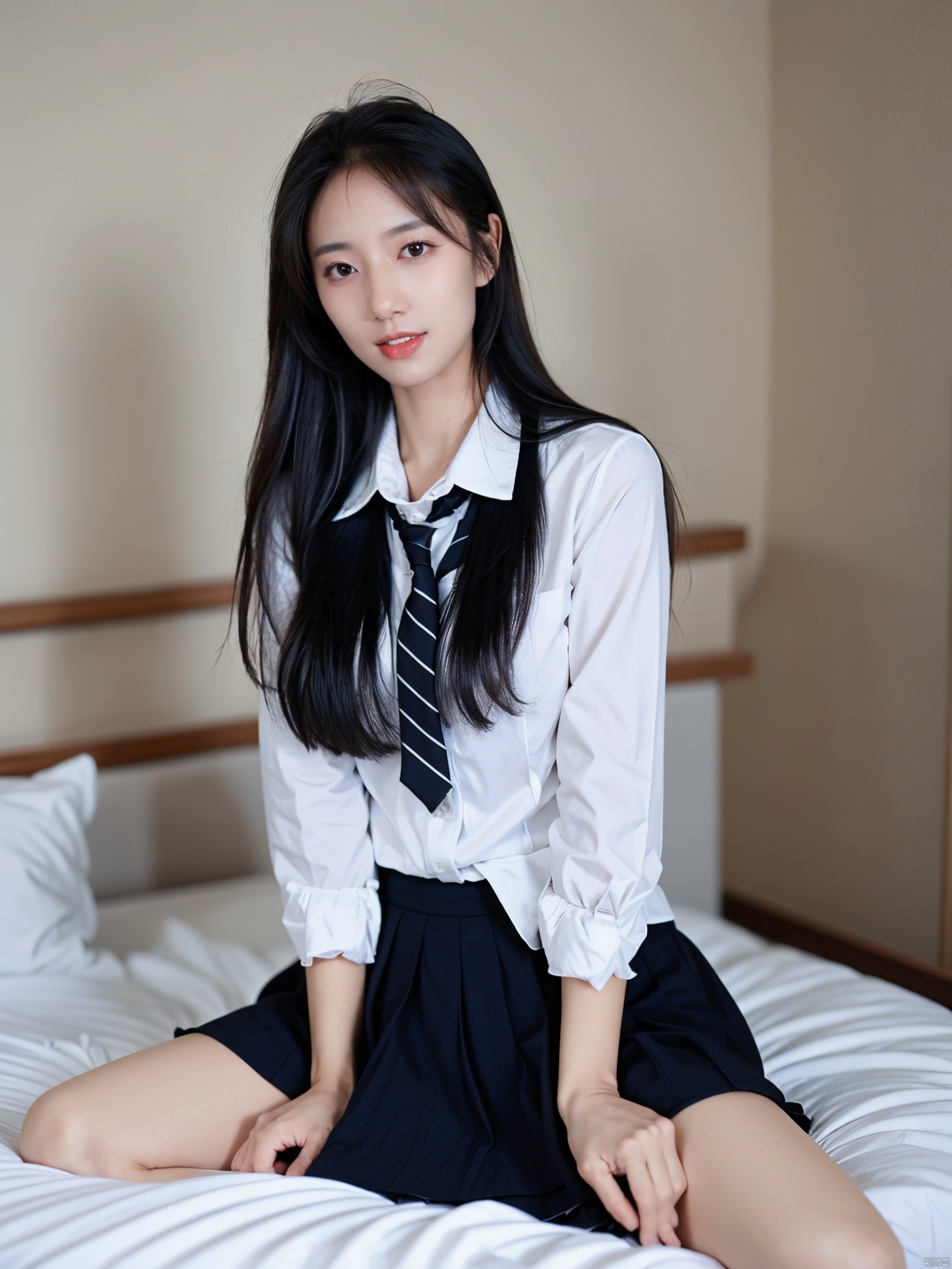  Enhanced, masterpiece, 16K, JK, 1 girl, long hair, school uniform, skirt, sitting on bed,:)