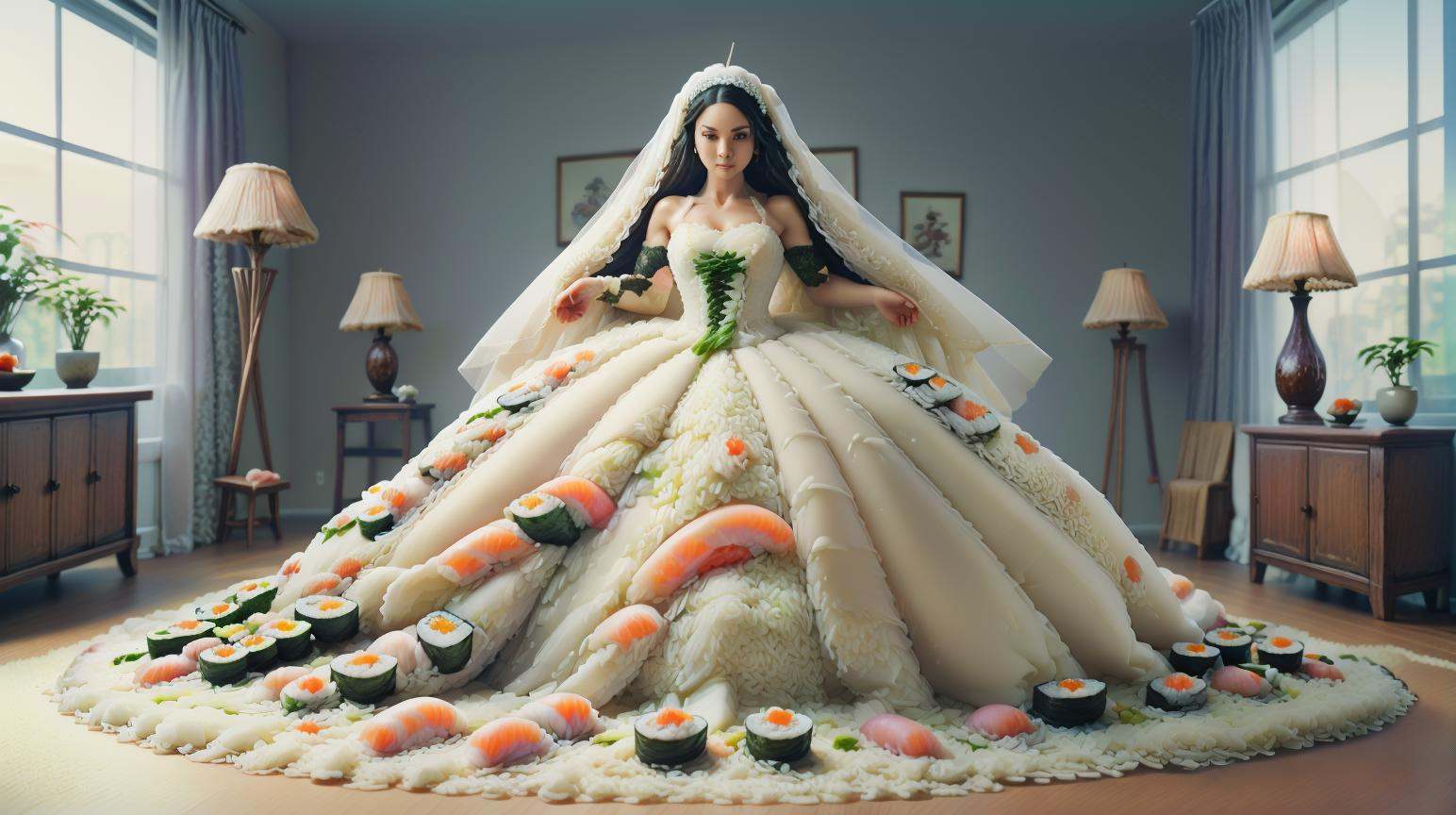 <lora:SushiStyle:2>SushiStyle wedding dress, (Masterpiece:1.3) (best quality:1.2) (high quality:1.1)