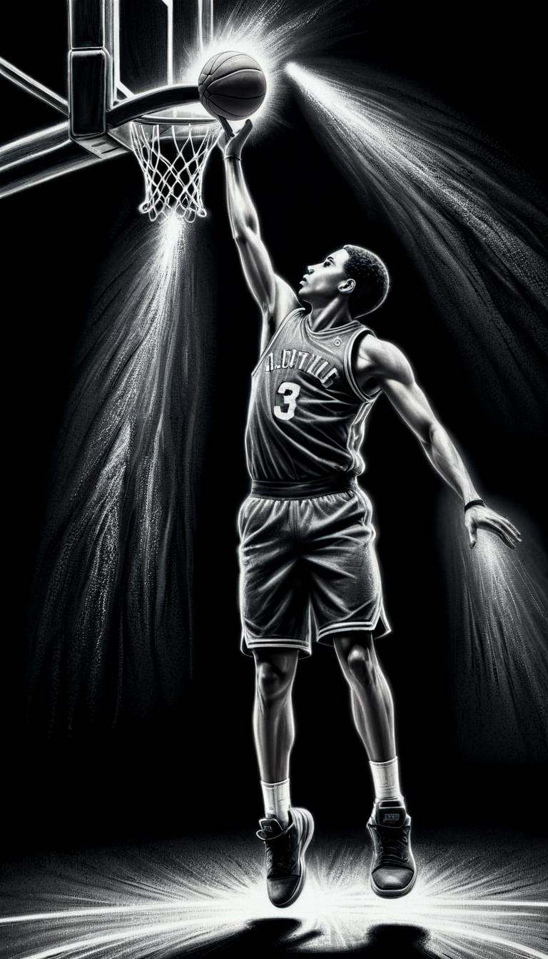 monochrome greyscale noise grainy dirty charcoal drawing of CharcoalDarkStyle a Latino basketball player shooting a three-...