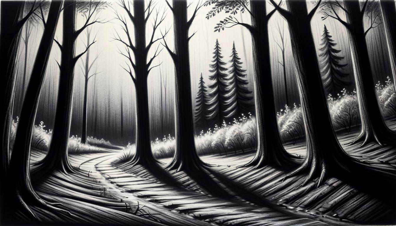 monochrome greyscale noise grainy dirty charcoal drawing of CharcoalDarkStyle a woods filled with translucent trees bendin...