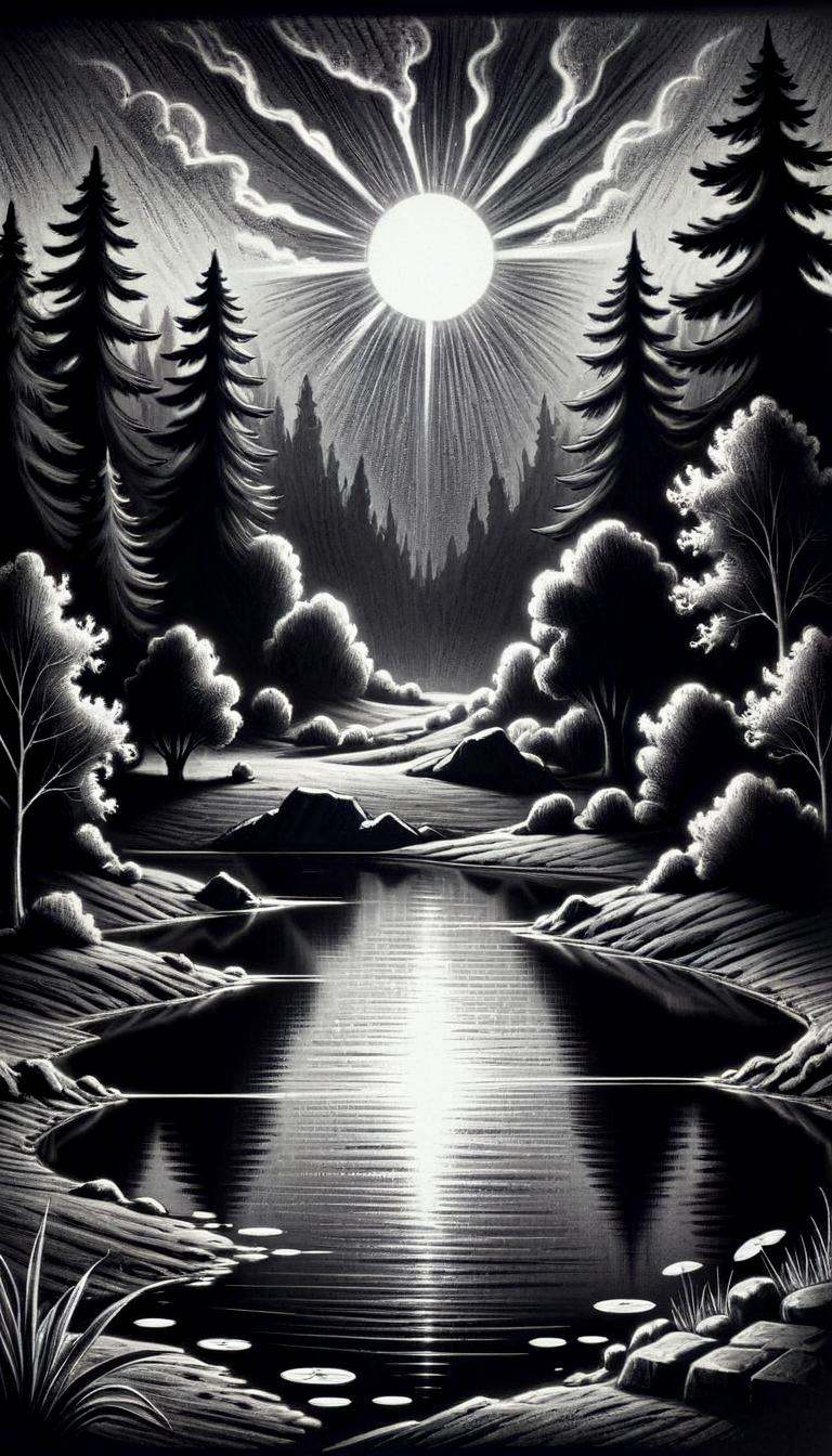 monochrome greyscale noise grainy dirty charcoal drawing of CharcoalDarkStyle a mutation inducing pond,  leading to creati...