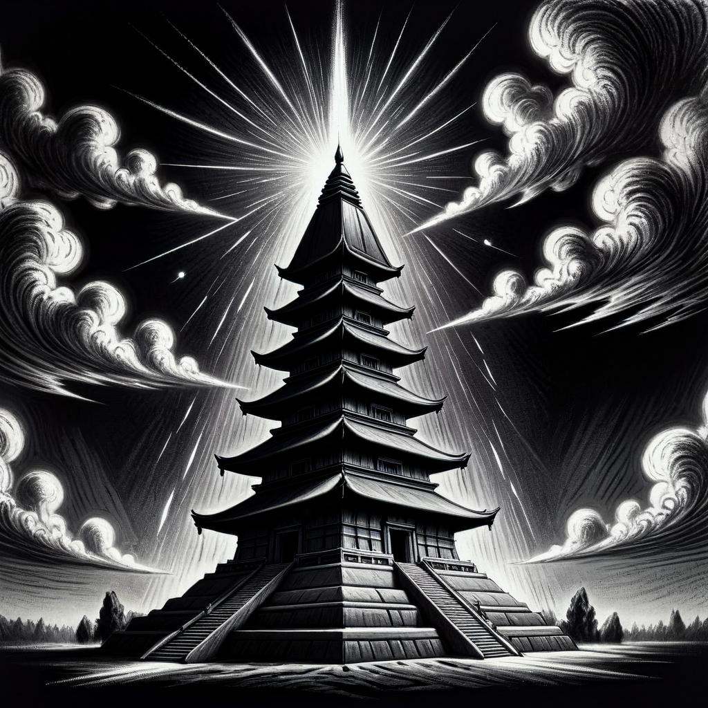 monochrome greyscale noise grainy dirty charcoal drawing of CharcoalDarkStyle a floating temple in the sky powered by anti...