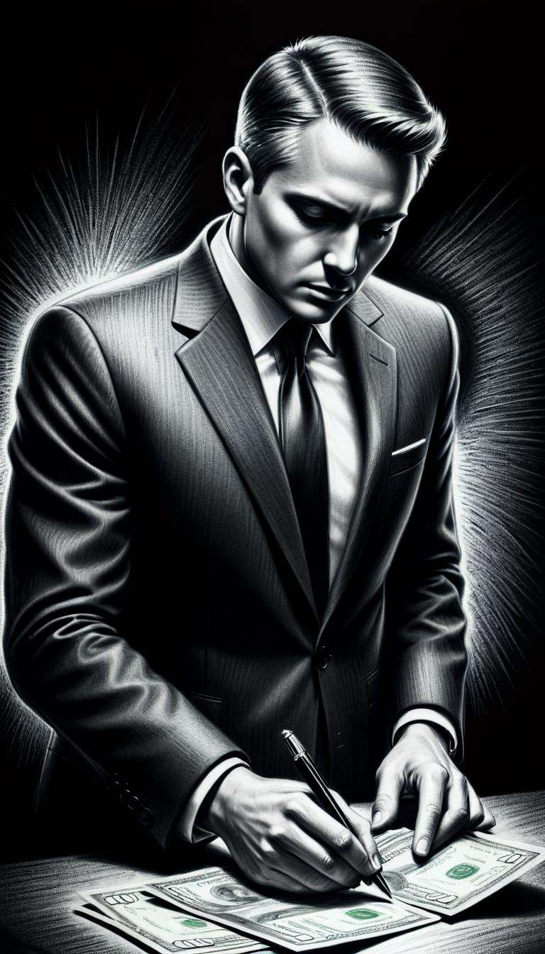monochrome greyscale noise grainy dirty charcoal drawing of CharcoalDarkStyle a business executive secretly transferring f...