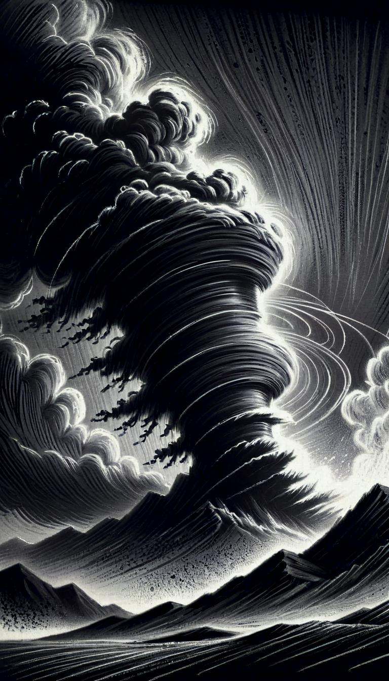 monochrome greyscale noise grainy dirty charcoal drawing of CharcoalDarkStyle hurricane,  storm dark black background blac...