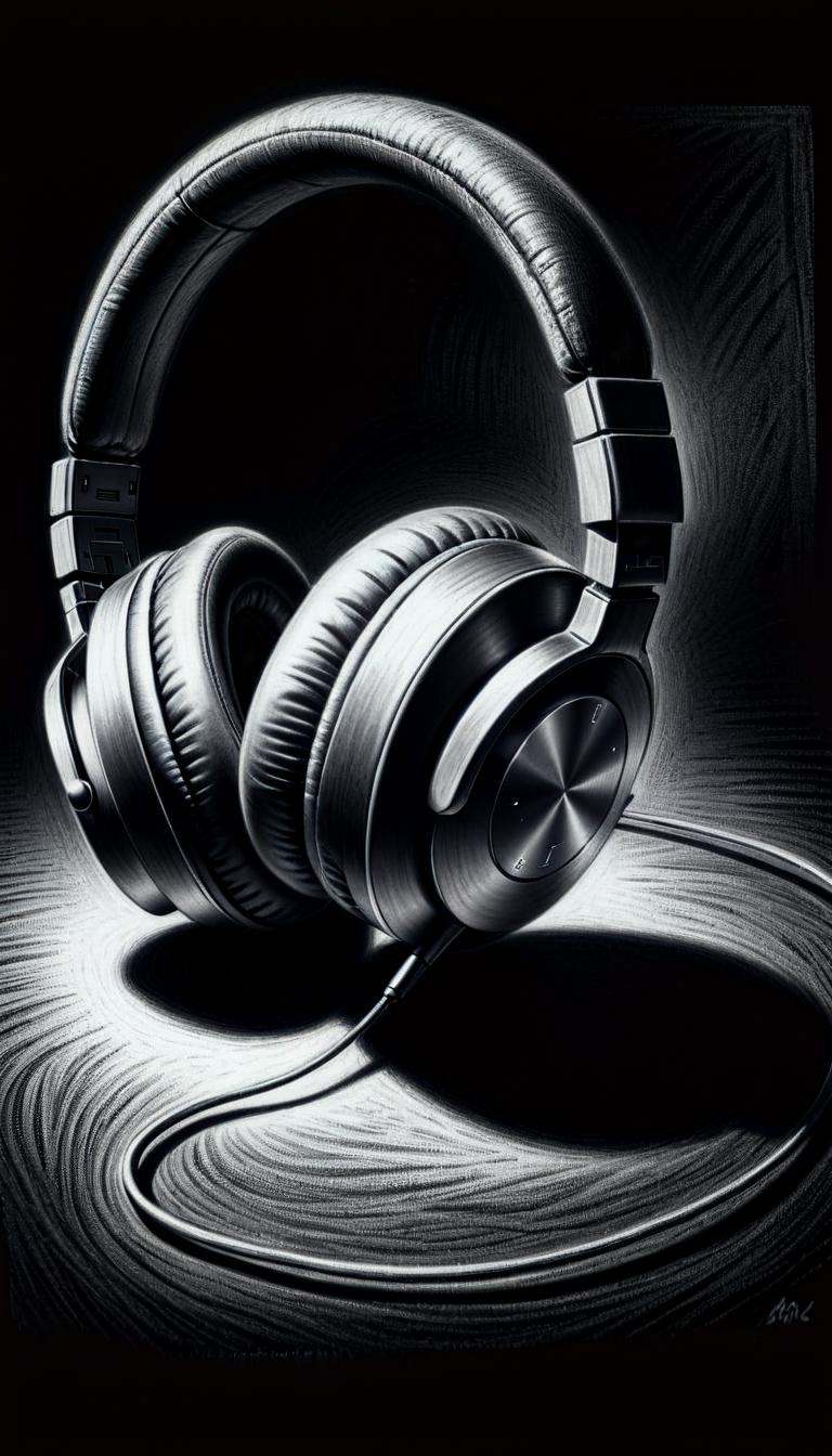 monochrome greyscale noise grainy dirty charcoal drawing of CharcoalDarkStyle Headphones dark black background black vigne...