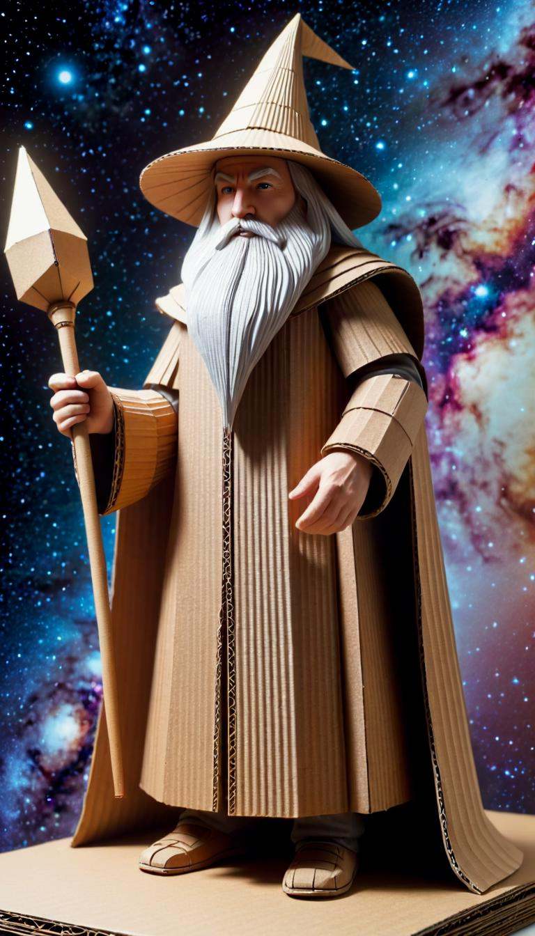 <lora:CardboardStyleXL:1>CardboardStyle wizard, made from (textured:0.7) cardboard, simple, basic, corrugated, hand-crafted, in location: interstellar ark, <lora:add-detail-xl:0.5>