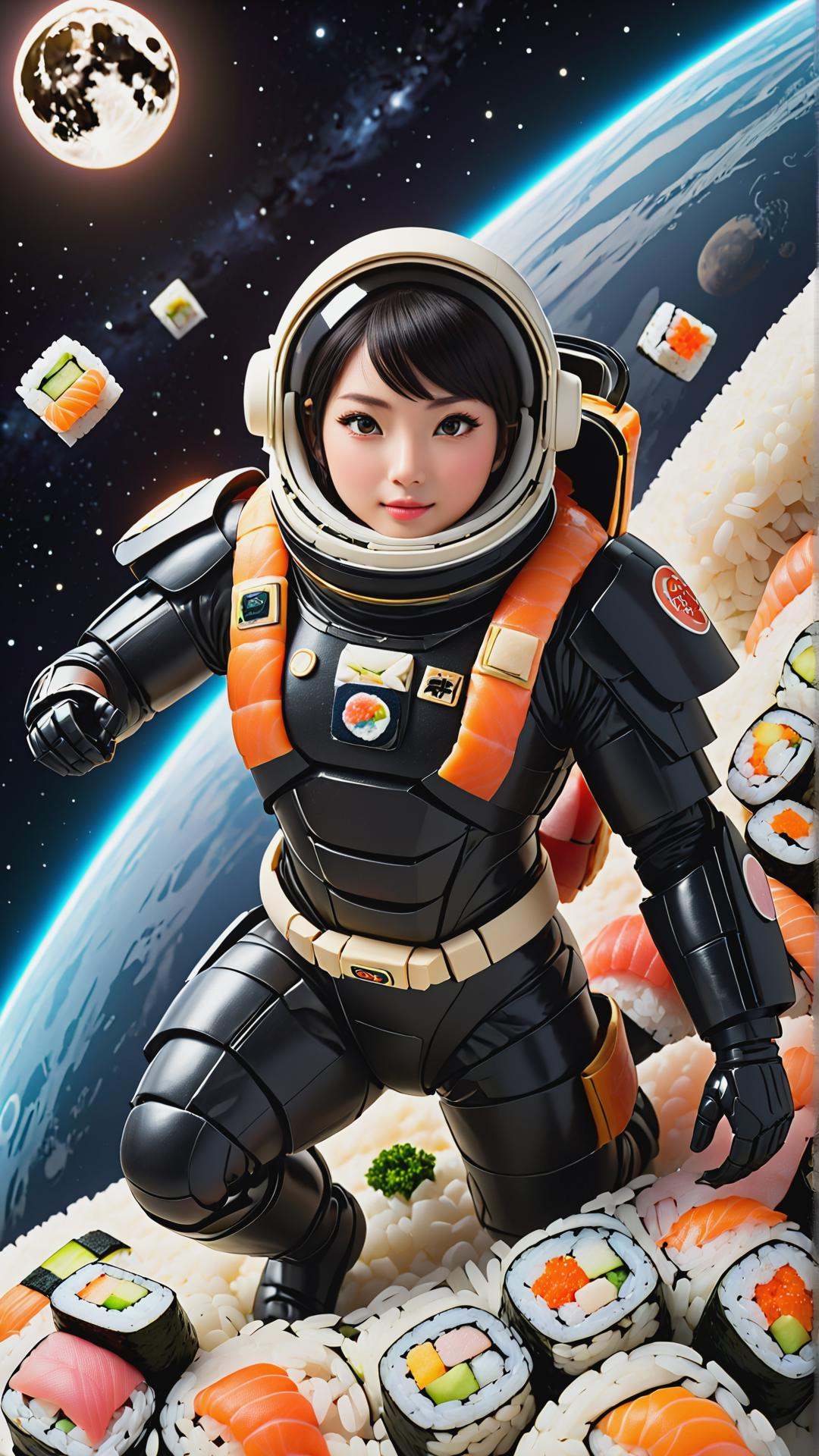 <lora:SushiStyleXL:1>SushiStyle (style-swirlmagic:0.8),  solo, half shot, looking up, detailed background, detailed face, (21st century modern theme:1.1), astronaut, wearing high-tech black space 25%armor,  utility belt, advanced technology, curious glance, anti-gravity,  space exploration, floating particles, cybernetic enhancements, surface of foreign moon in background, cosmic lights, epic  atmosphere,, made out of sushi, sashimi, rice, (japanese:0.5), crafted with sushi, (Masterpiece:1.3) (best quality:1.2) (high quality:1.1)
