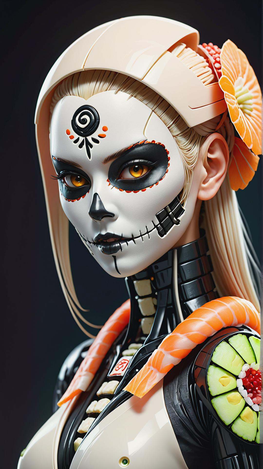 <lora:SushiStyleXL:1>SushiStyle side portrait of female android, sharp focus, sci - fi, fantasy art, digital illustration, dia de los muertos. octane render, unreal engine. concept art. art by artgerm and wlop and giger and greg rutkowski and rossdraws and alphonse mucha, 8 k, made out of sushi, sashimi, rice, (japanese:0.5), crafted with sushi, (Masterpiece:1.3) (best quality:1.2) (high quality:1.1)