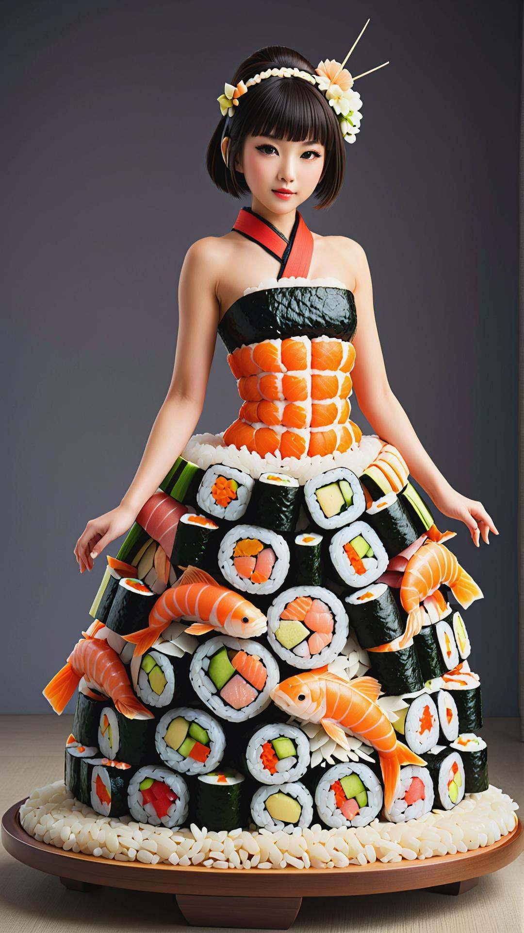 <lora:SushiStyleXL:1>SushiStyle Dresses, made out of sushi, sashimi, rice, (japanese:0.5), crafted with sushi, (Masterpiece:1.3) (best quality:1.2) (high quality:1.1)