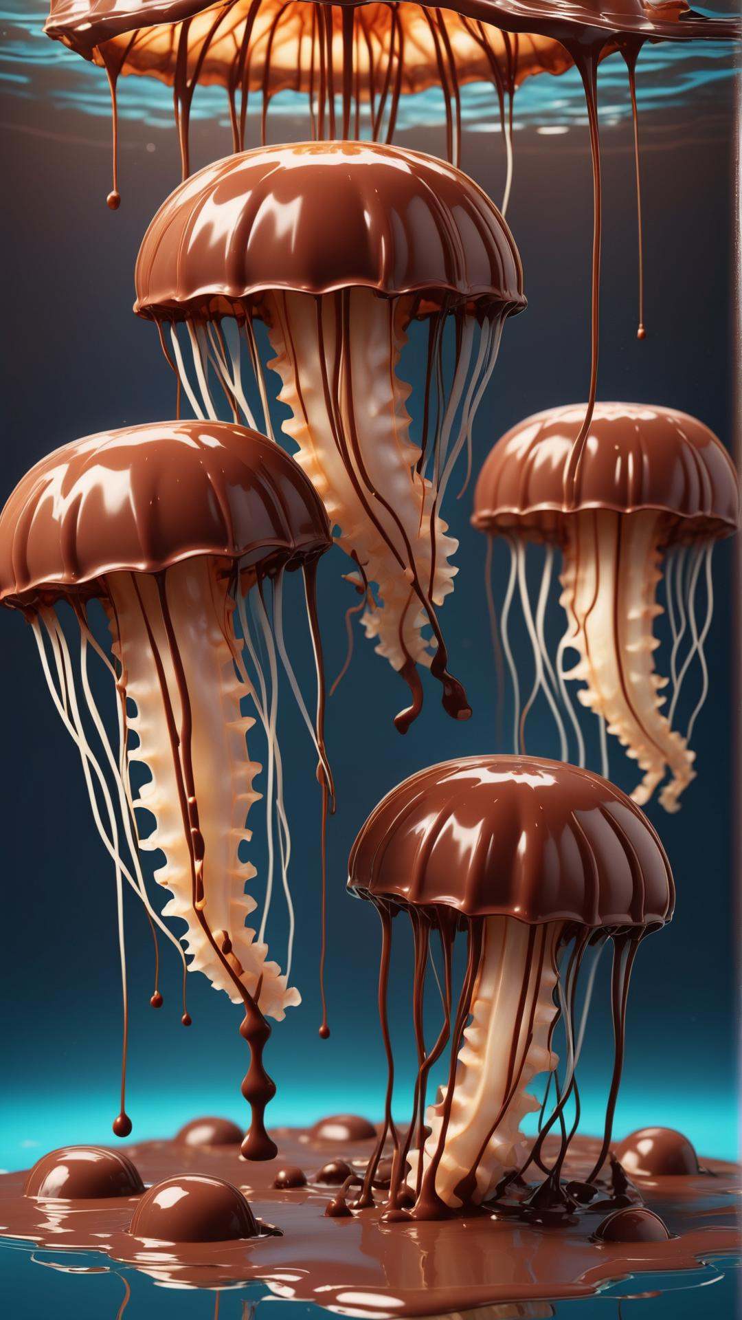 ChocolateWetStyle a group of luminescent jellyfish floating in the deep sea,  covered in wet,  dripping by mnemic on Tenso...