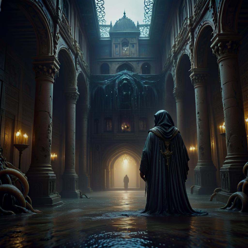 an Arabian prince exploring a haunted palace with spectral courtiers,  beautiful,  wet by mnemic on Tensor.Art