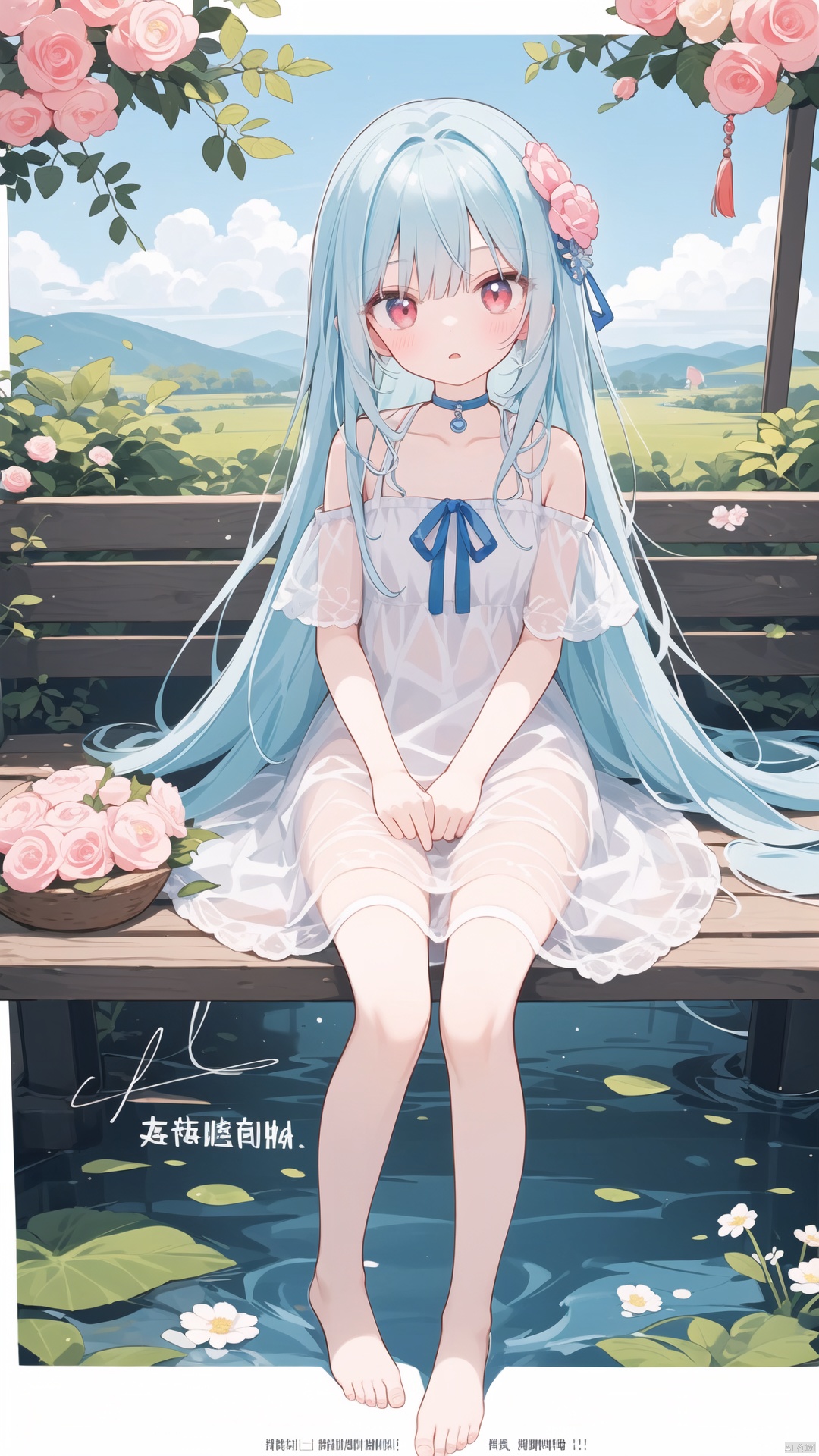 artist:ciloranko, artist:hoshi \(snacherubi\), artist:tianliang duohe fangdongye, artist:sho \(sho lwlw\), artist:chen bin,
best quality, masterpiece, illustration, (reflection light), incredibly absurdres, (Movie Poster), (signature:1.3), (English text:1.3), 1girl, girl middle of flower, pure skyblue hair, red eyes, clear sky, outside, collarbone, loli, sitting, absurdly long hair, clear boundaries of the cloth, white dress, fantastic scenery, ground of flowers, thousand of flowers, colorful flowers, flowers around her, various flowers,

