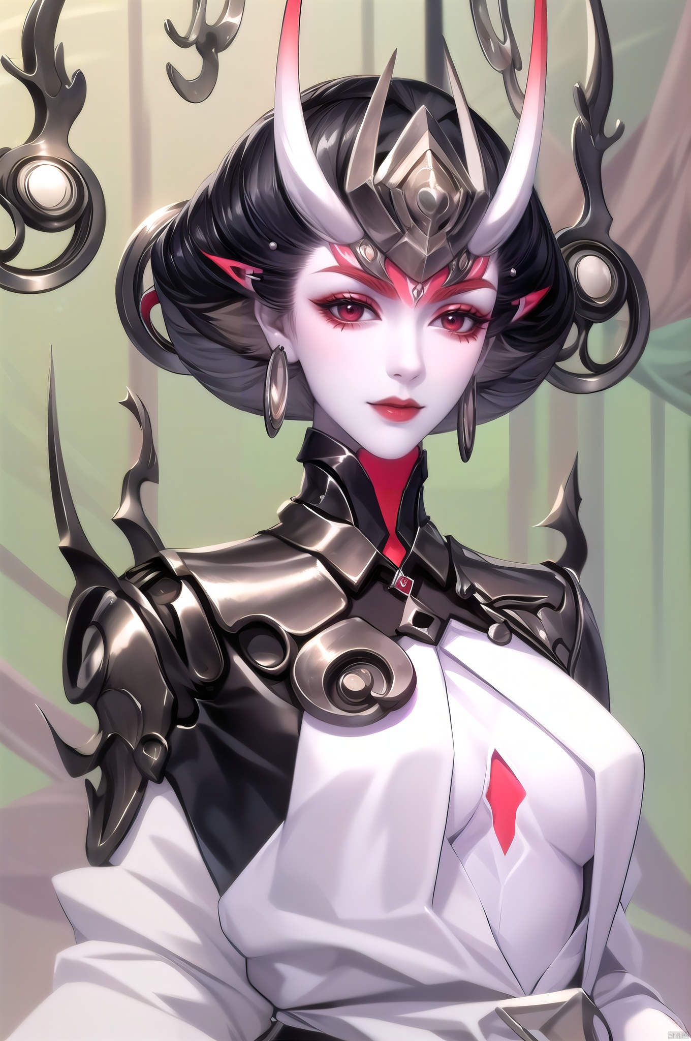 earrings, polka_dot, jewelry, 1girl, solo, tentacle_hair, stud_earrings, pointy_ears, looking at viewer,indoors,arms support, (highres, high quality:1.3),intricate details,sharp focus,depth of field, 