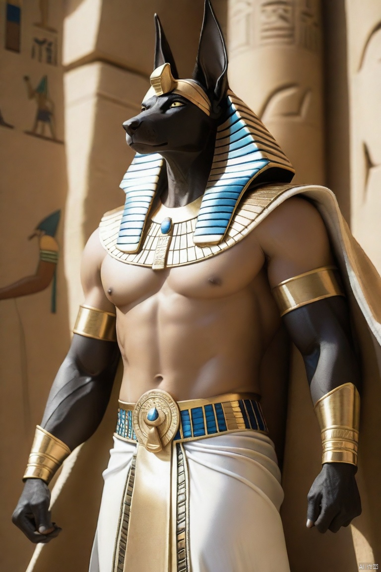  anubishishen\(ip\), male focus, abs, muscular, 1boy, furry, muscular male, pectorals, solo, bara, furry male, large pectorals, nipples, staff, egyptian, feet out of frame, egyptian clothes, cape, animal ears,,<lora:660447824183329044:1.0>
